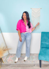 'Pink Panther' Two Tone Pink Colorblock Oversized Button Front Shirt-Make a statement with this standout two tone colorblock top. The dual shades of pink compliment each other perfectly and the oversized fit and functional buttons lend many outfit options! The lightweight fabric works well all Spring &amp; Summer and can be worn with&nbsp; jeans, short, skirts and more. Style it buttoned and unbuttoned for different looks. Add a long sleeve lace top underneath for a layered look.-Cali Moon Boutique, Plainvi