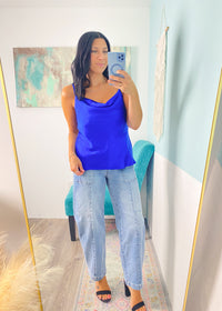'Haze' Cobalt Blue Cowl Neck Satin Tank