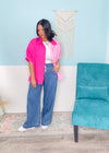 'Pink Panther' Two Tone Pink Colorblock Oversized Button Front Shirt-Make a statement with this standout two tone colorblock top. The dual shades of pink compliment each other perfectly and the oversized fit and functional buttons lend many outfit options! The lightweight fabric works well all Spring &amp; Summer and can be worn with&nbsp; jeans, short, skirts and more. Style it buttoned and unbuttoned for different looks. Add a long sleeve lace top underneath for a layered look.-Cali Moon Boutique, Plainvi
