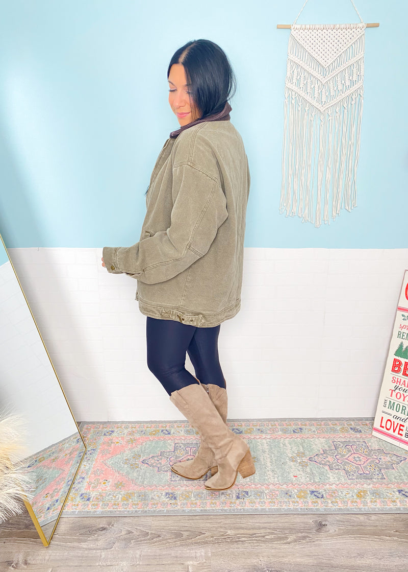 'Willow' Olive Twill Barn Jacket with Corduroy Collar