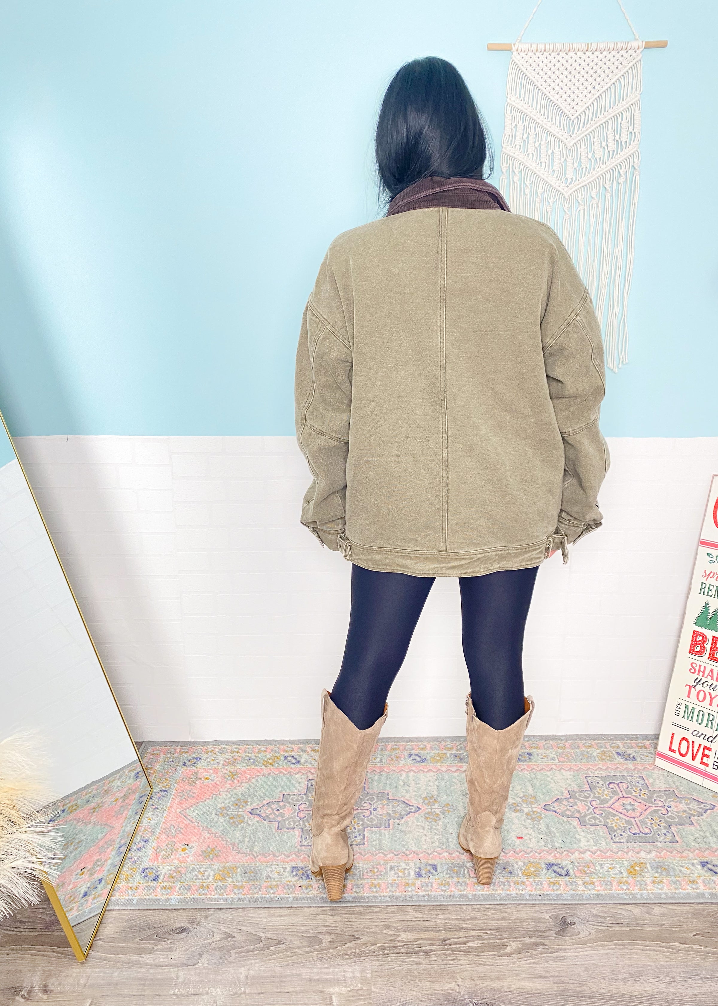 'Willow' Olive Twill Barn Jacket with Corduroy Collar