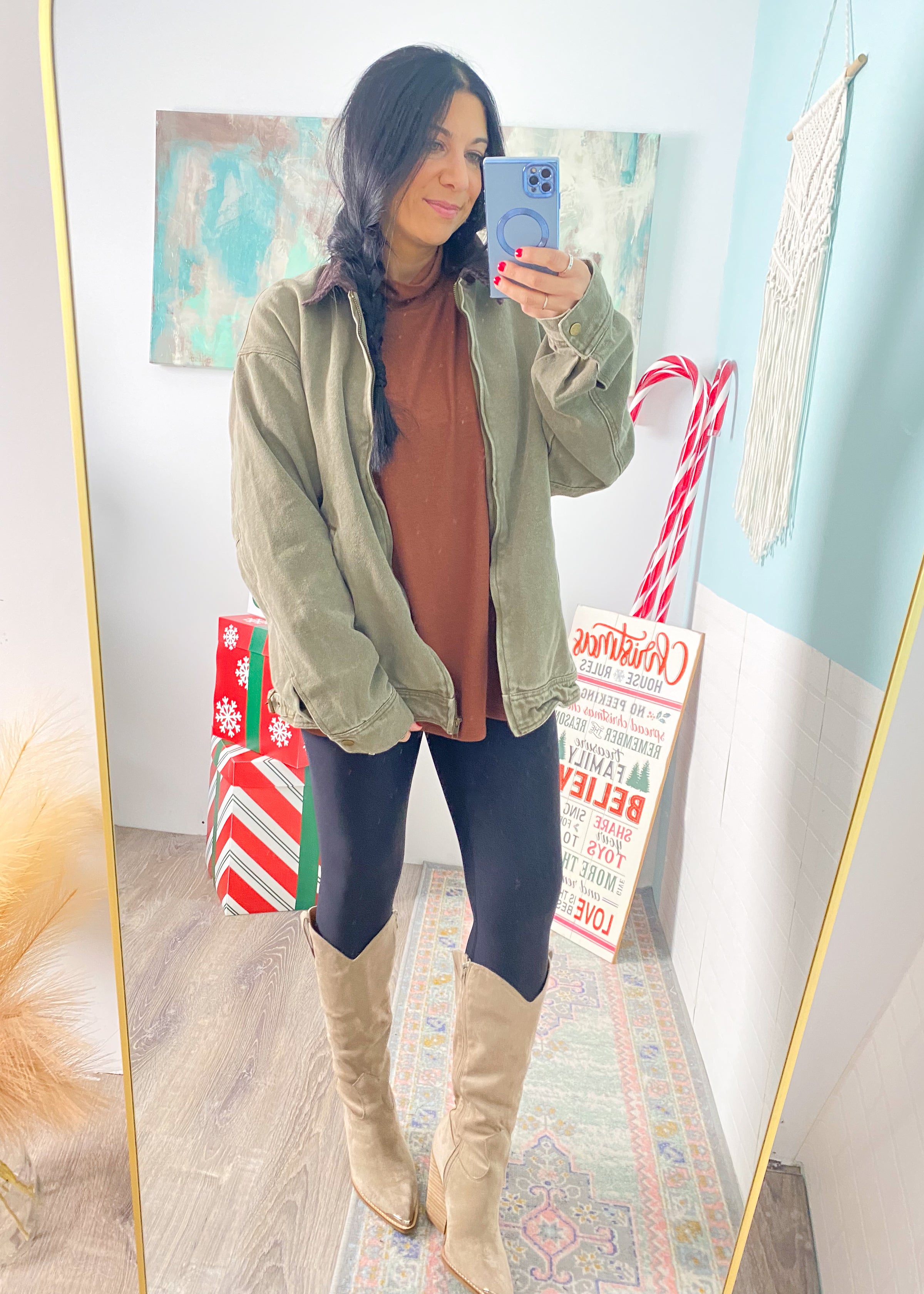 'Willow' Olive Twill Barn Jacket with Corduroy Collar