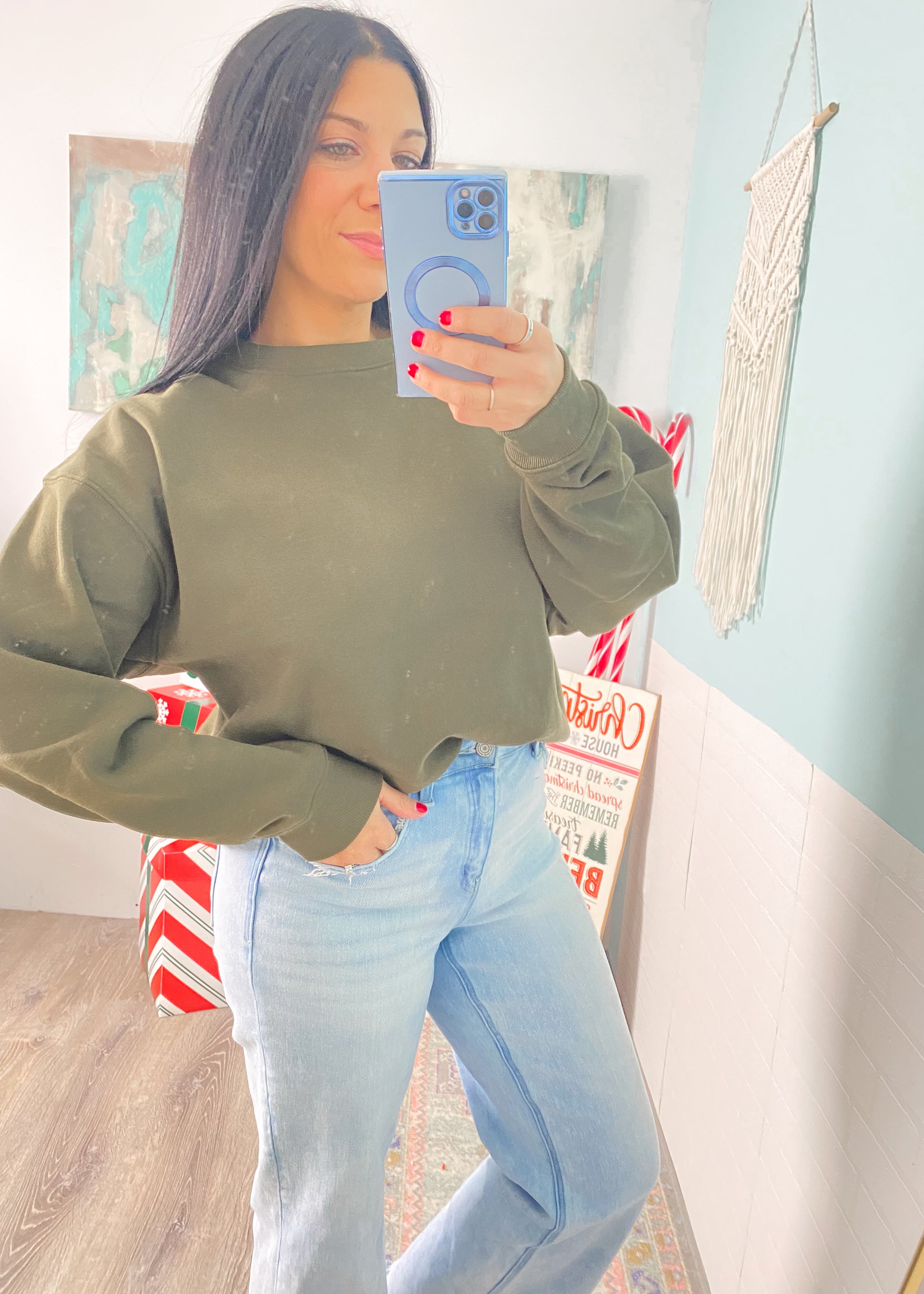 *DOORBUSTER* Dark Olive Fleece Crew Neck Sweatshirt