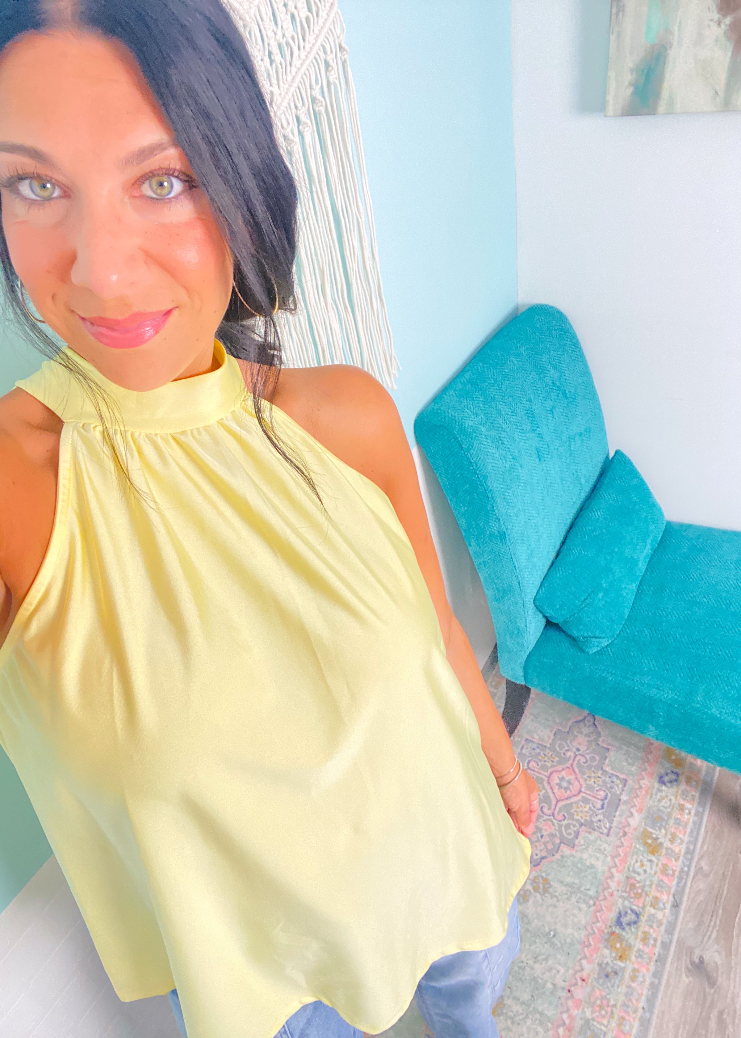 'The Afterglow' Butter Yellow Satin Asymmetric Halter Top