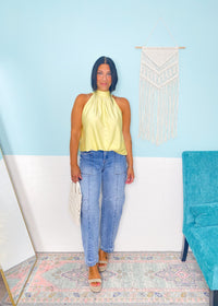 'The Afterglow' Butter Yellow Satin Asymmetric Halter Top