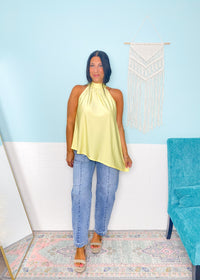 'The Afterglow' Butter Yellow Satin Asymmetric Halter Top