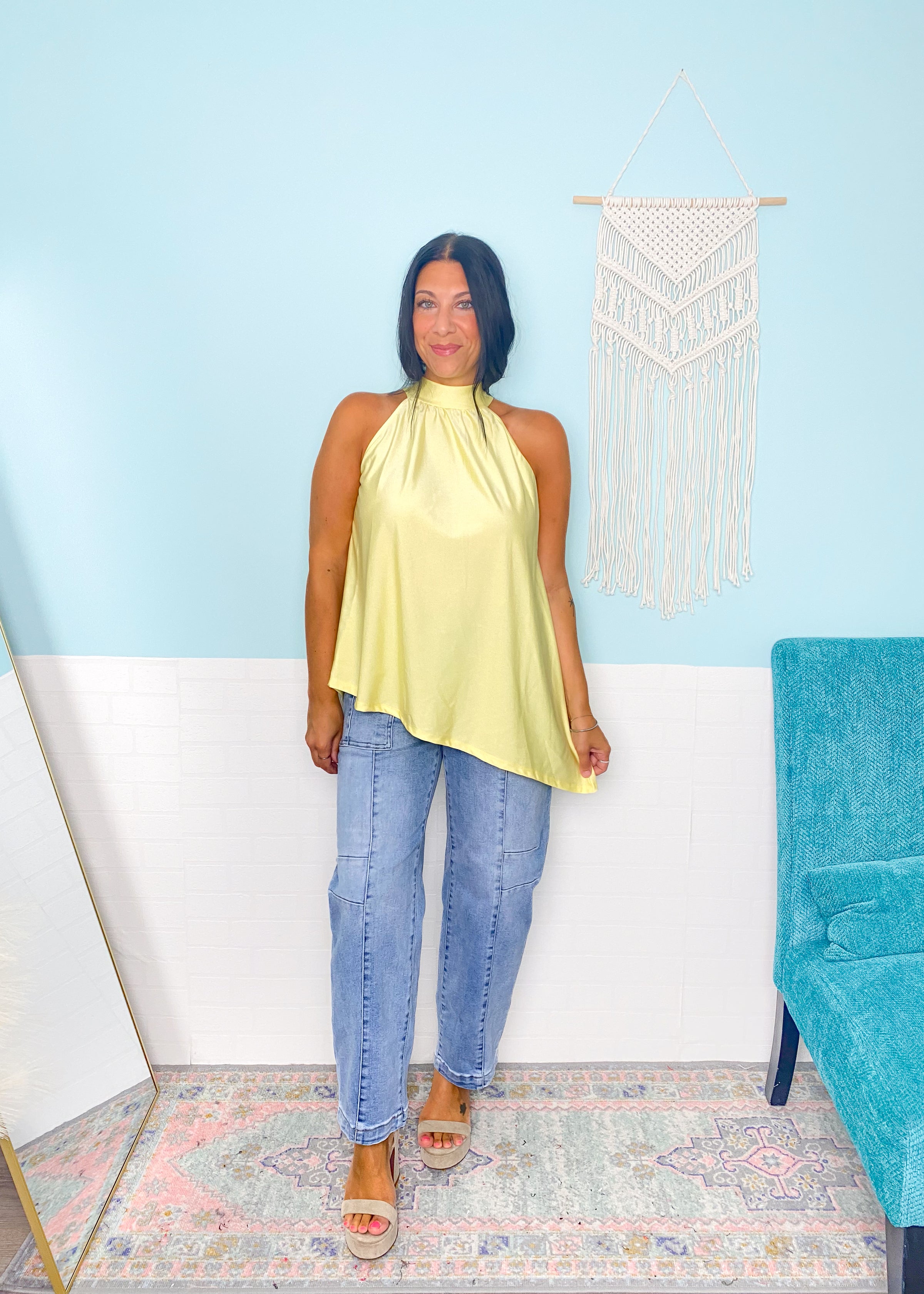 'The Afterglow' Butter Yellow Satin Asymmetric Halter Top