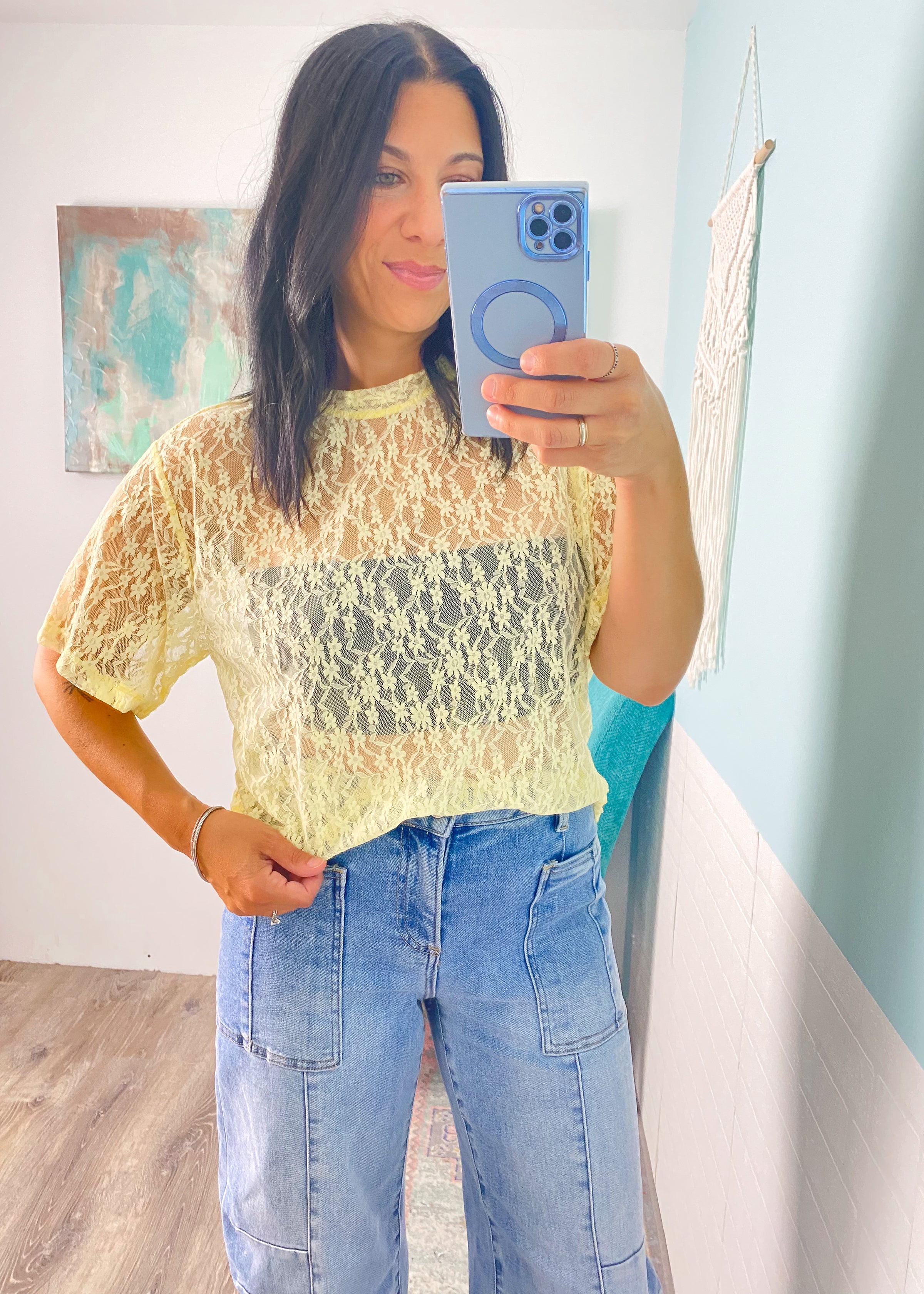 'Hey Buttercup' Butter Yellow Lace T-Shirt