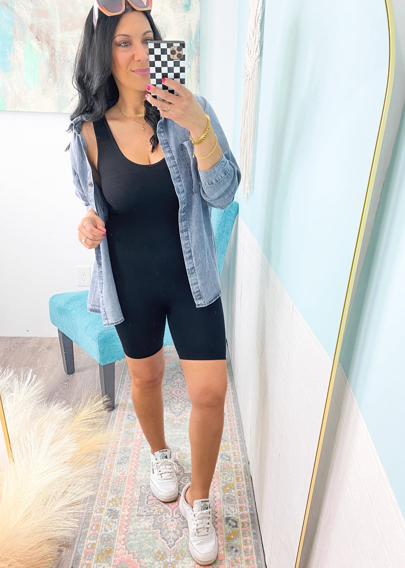 'Hey Kitten' Black Ribbed Short Catsuit Romper-Cali Moon Boutique, Plainville Connecticut