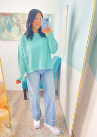 'Ocean Mist' Mint Ribbed Oversized Semi Crop Sweatshirt