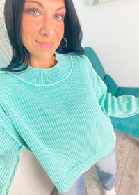 'Ocean Mist' Mint Ribbed Oversized Semi Crop Sweatshirt