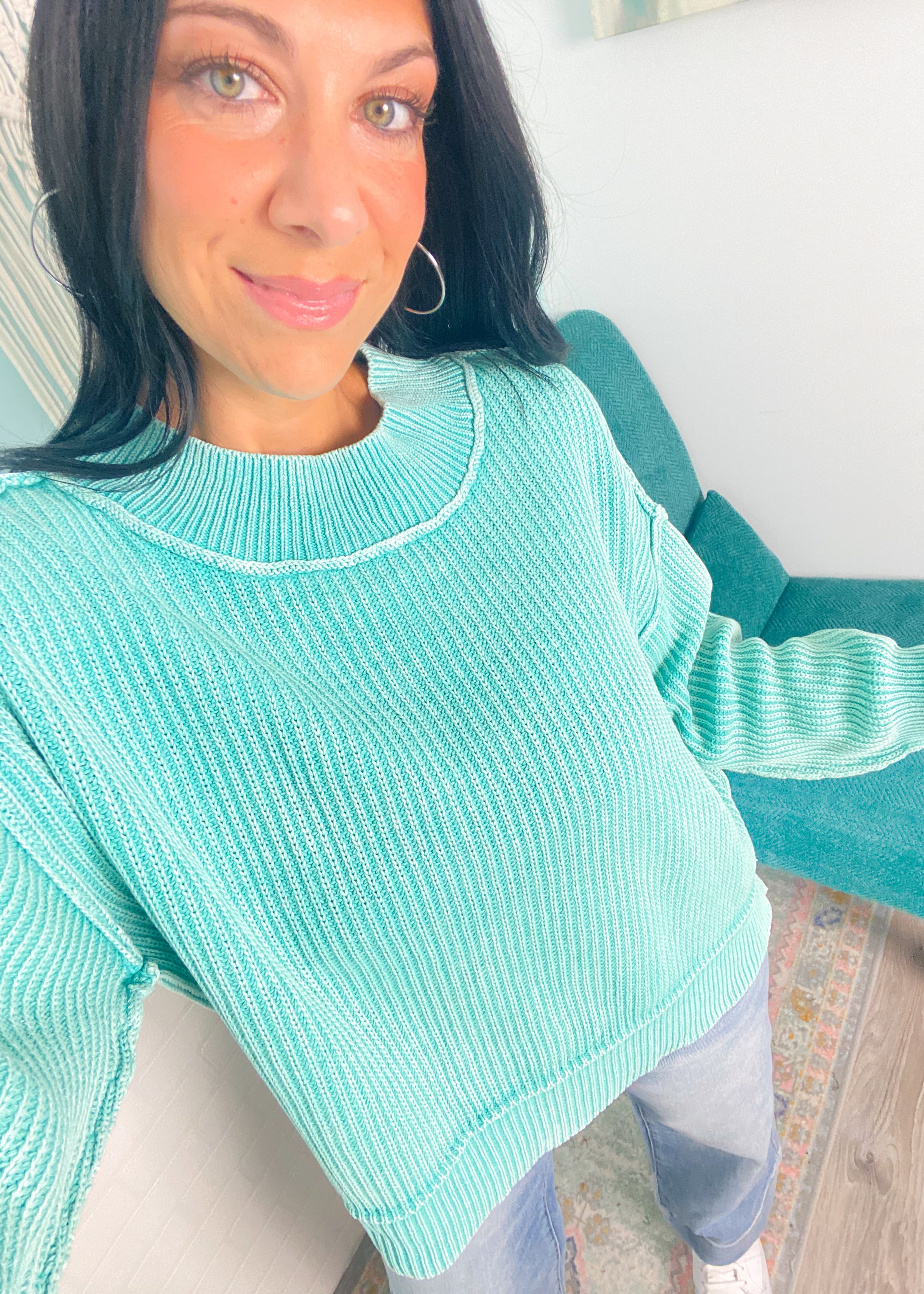 'Ocean Mist' Mint Ribbed Oversized Semi Crop Sweatshirt
