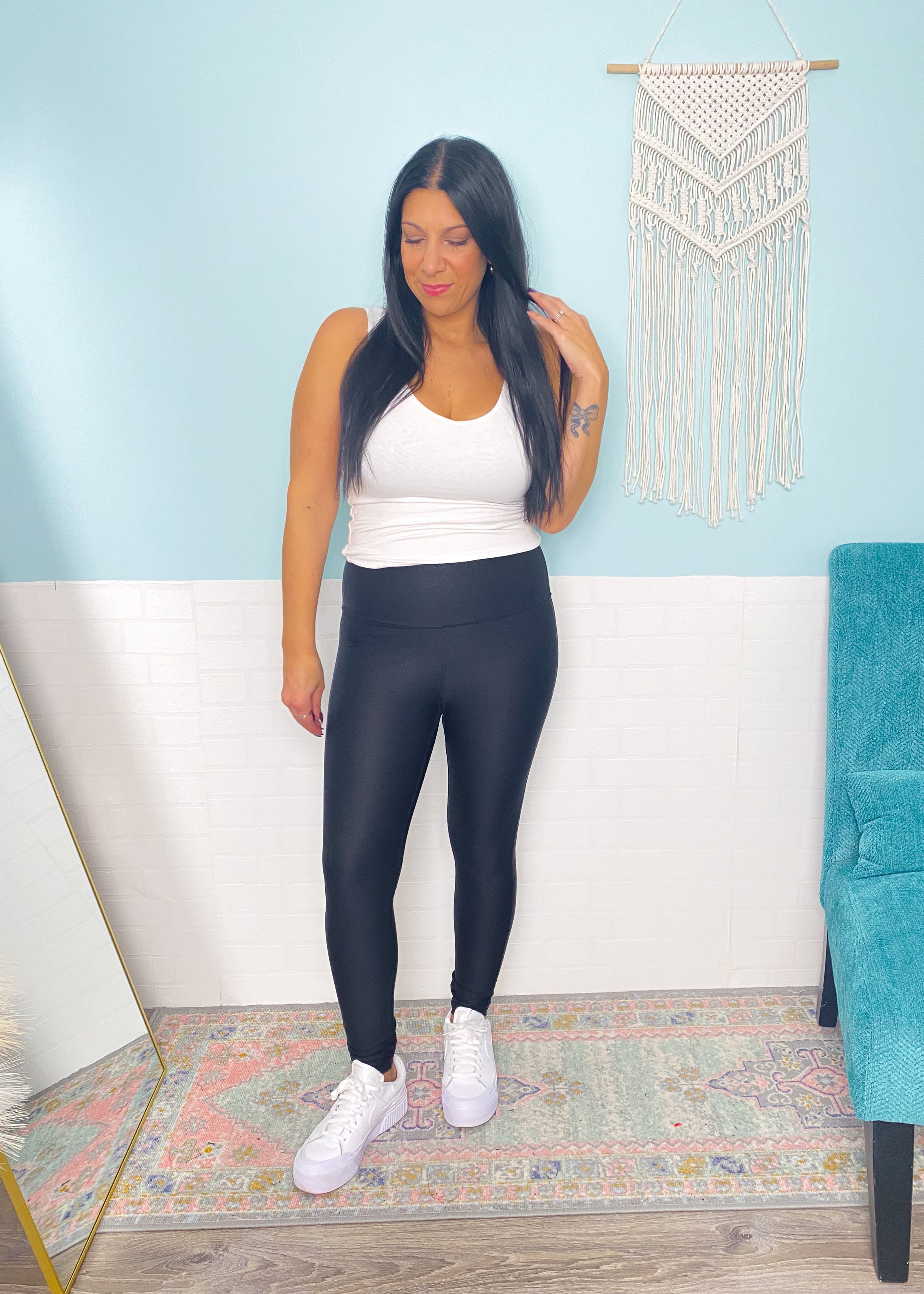 'Lights Out' Black High Waist Faux Textured Fitted Leggings