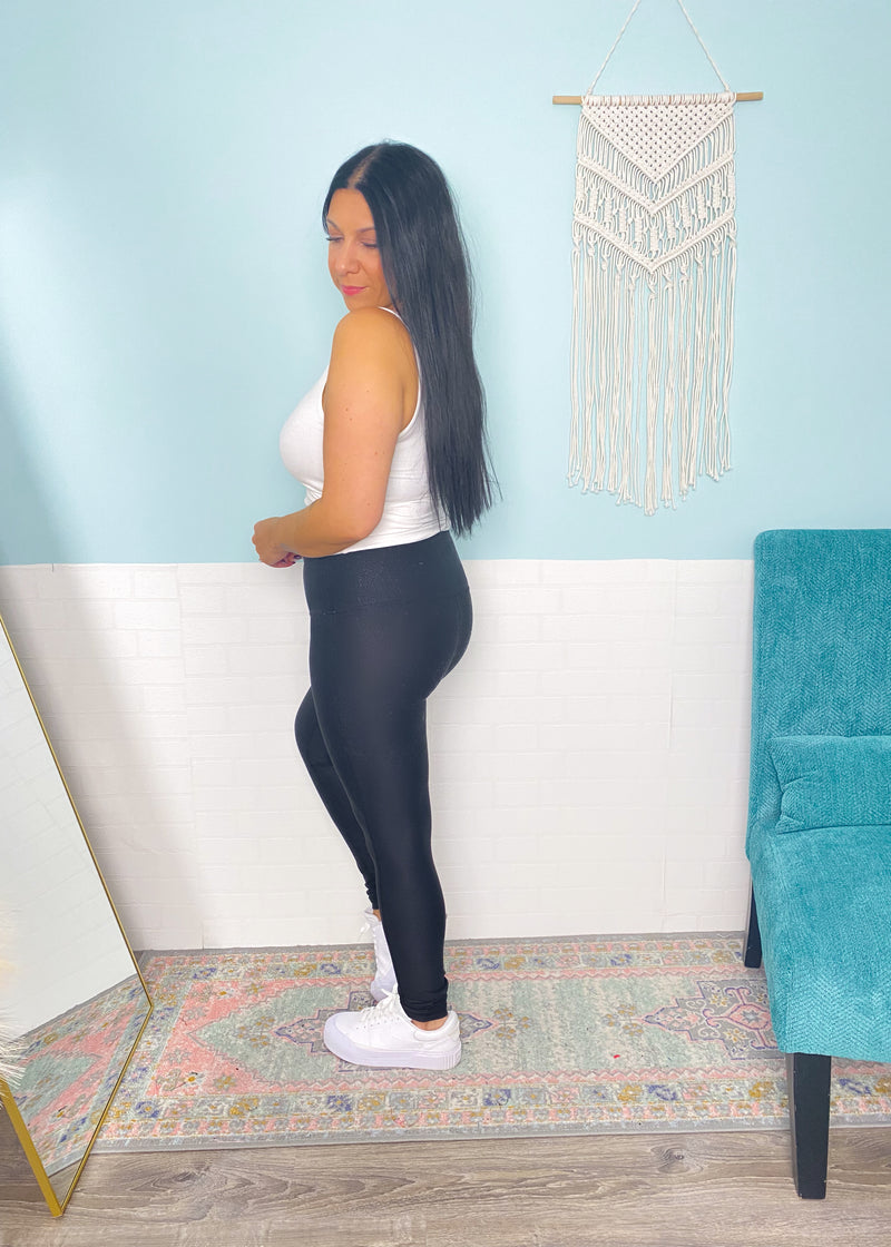 'Lights Out' Black High Waist Faux Textured Fitted Leggings