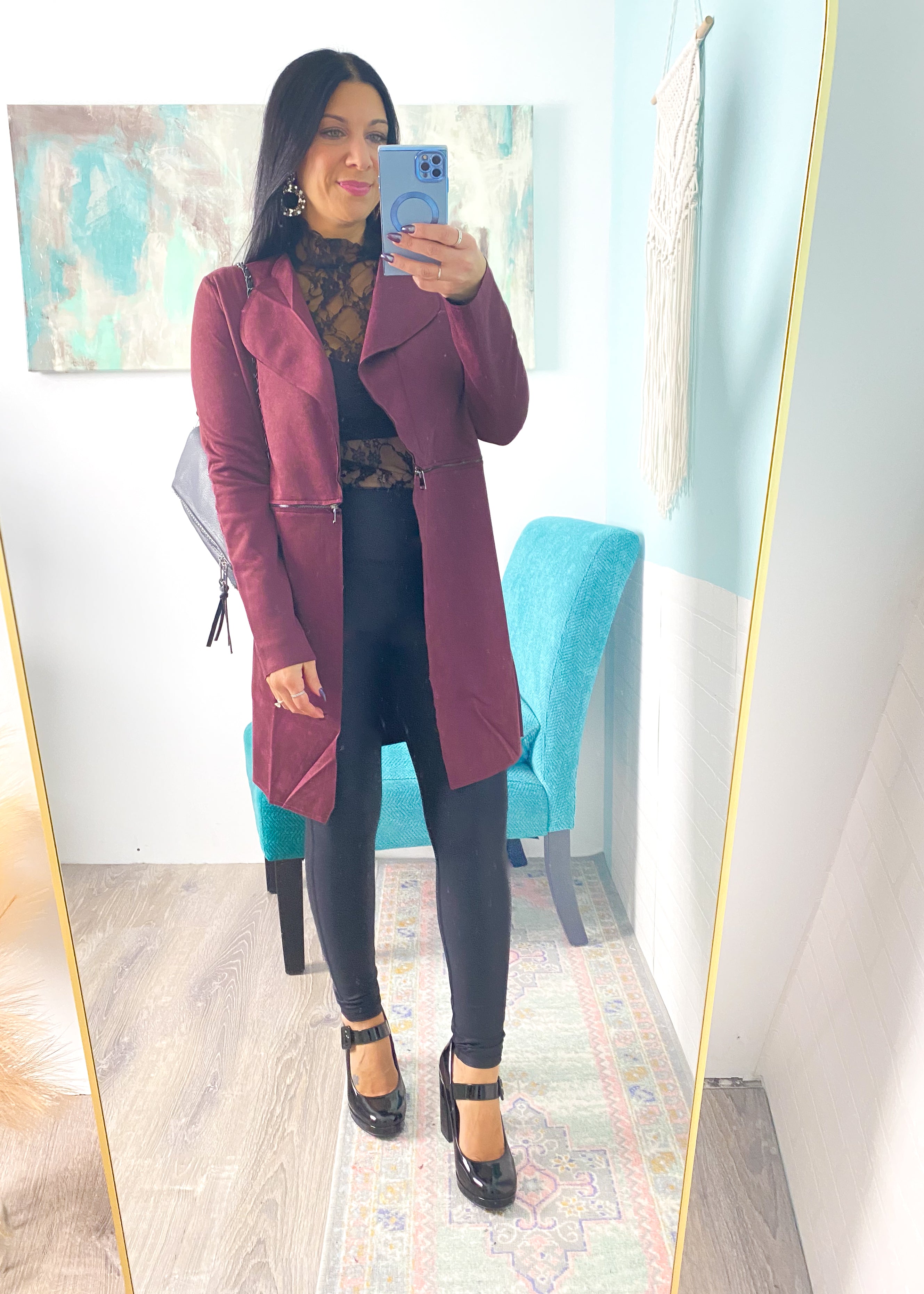 DOORBUSTER* 'The Envy' Cherry Cola Faux Suede Longline Jacket