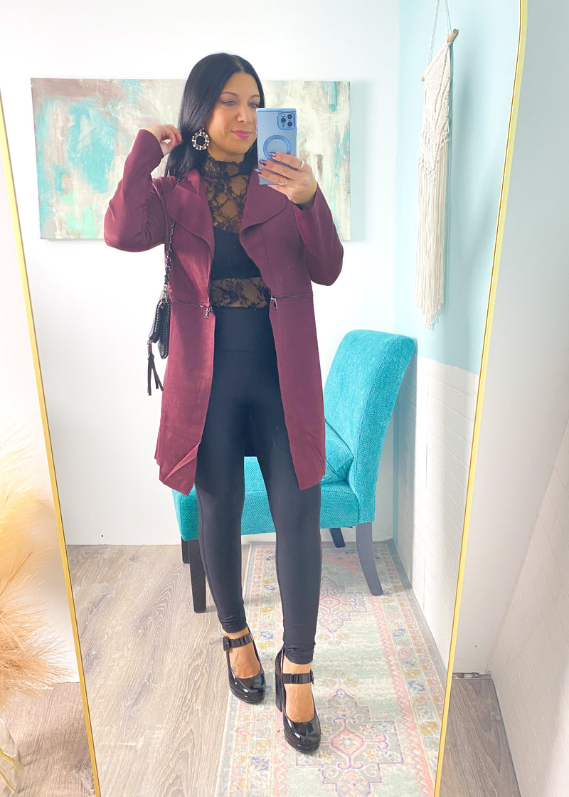 *DOORBUSTER* 'The Envy' Cherry Cola Faux Suede Longline Jacket