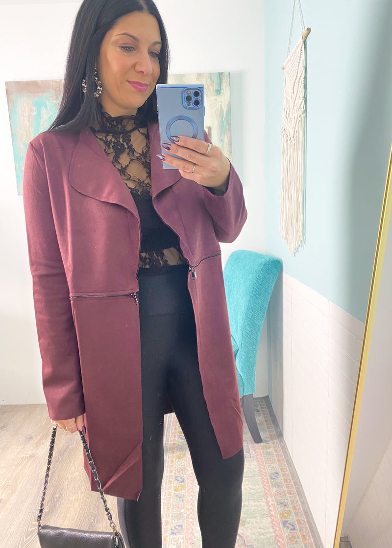 *DOORBUSTER* 'The Envy' Cherry Cola Faux Suede Longline Jacket