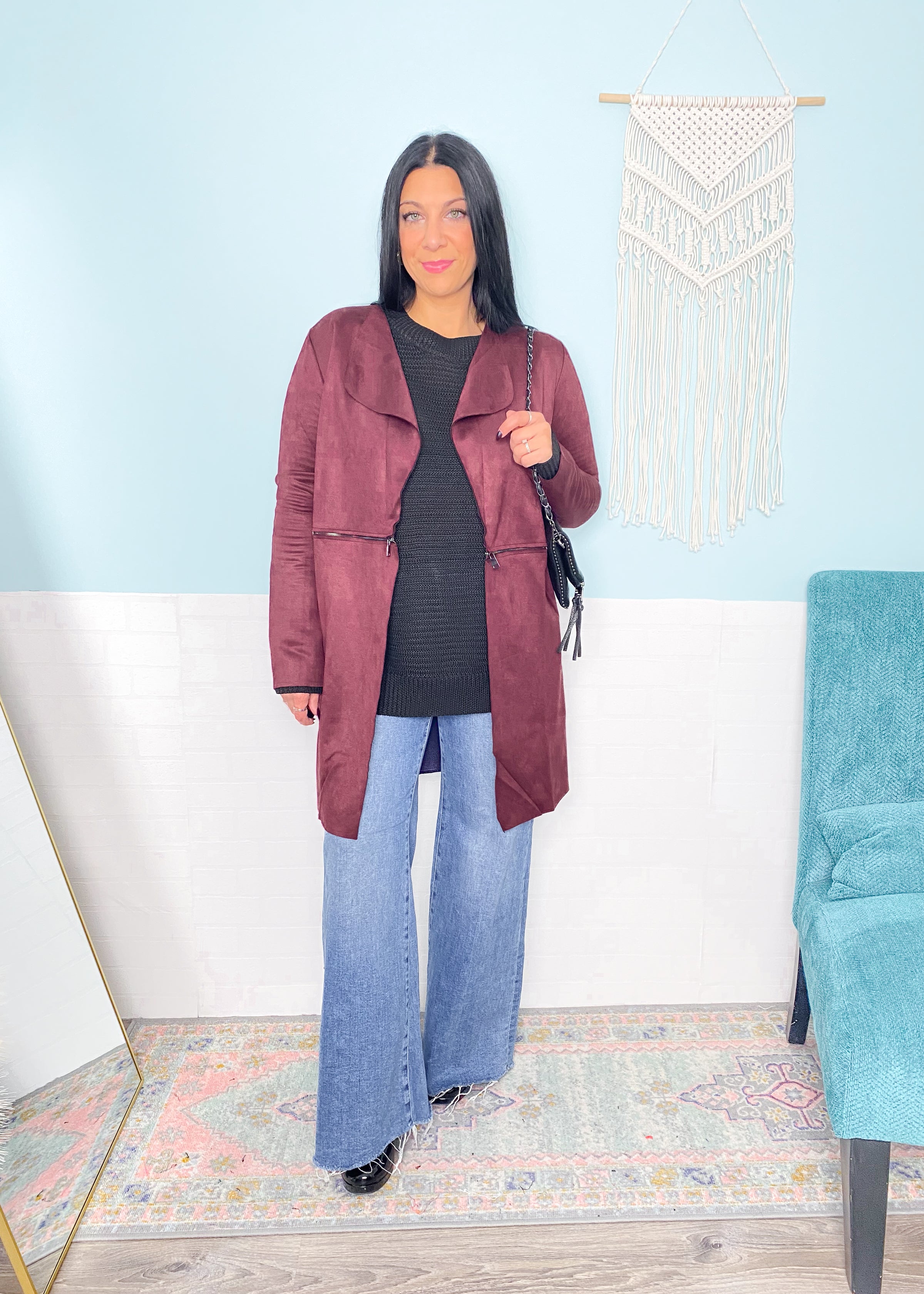 *DOORBUSTER* 'The Envy' Cherry Cola Faux Suede Longline Jacket