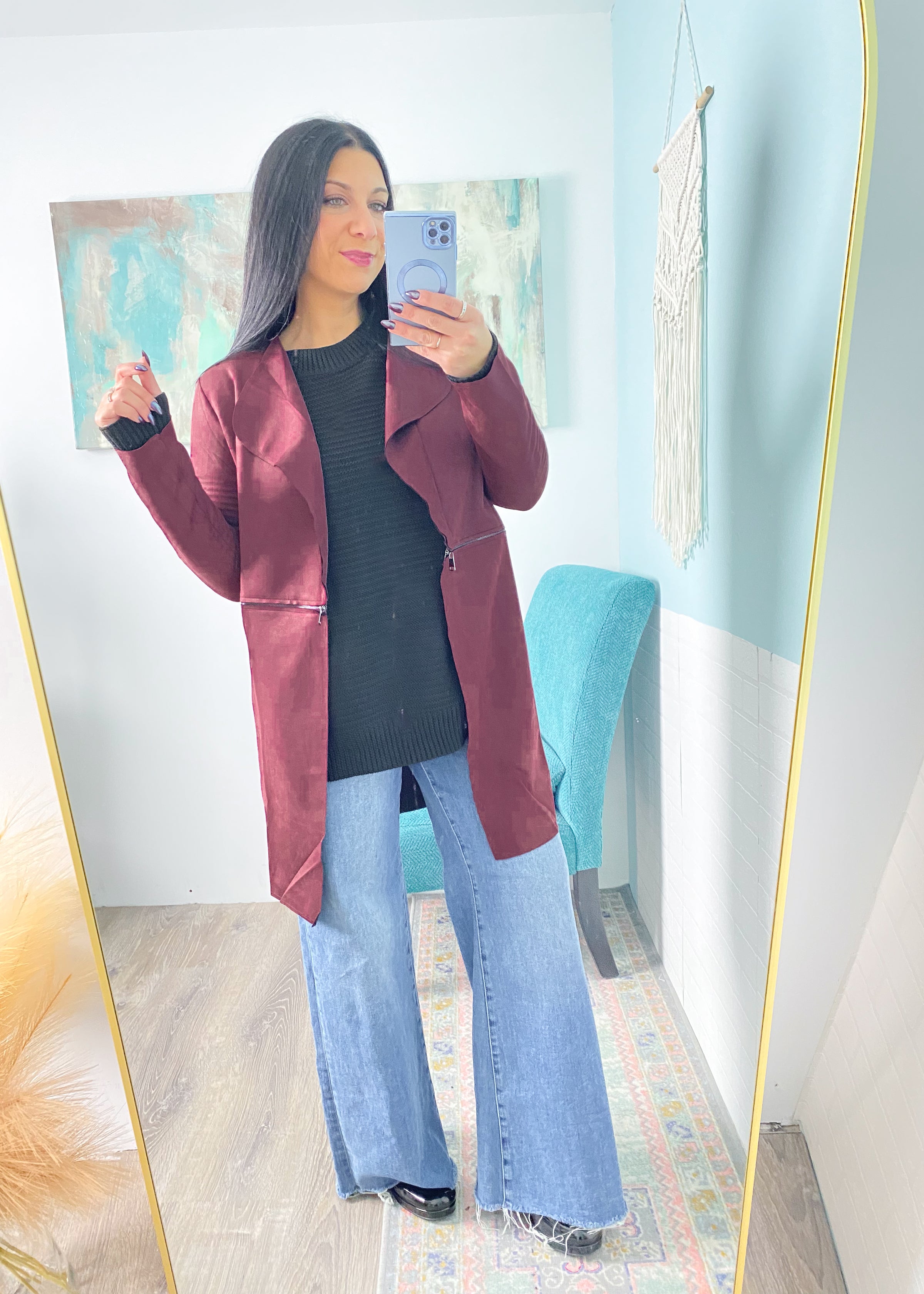 *DOORBUSTER* 'The Envy' Cherry Cola Faux Suede Longline Jacket