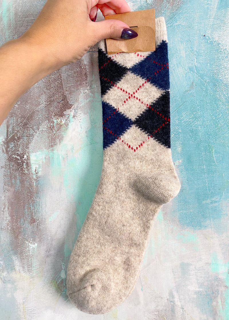 Argyle Wool Blend Crew Socks - Multiple Colors