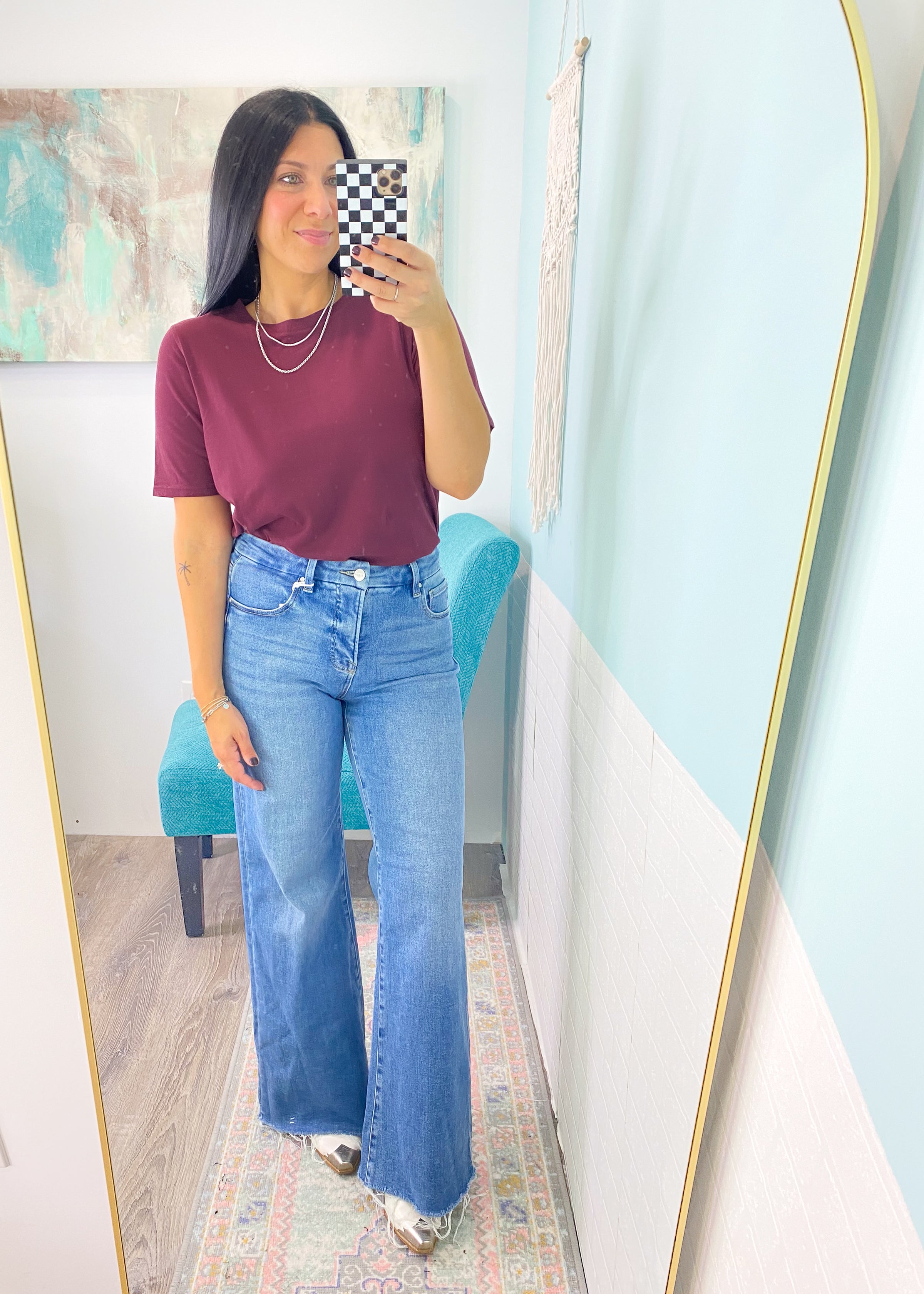 'Brielle' Plum Classic Boxy Pima Cotton Athleisure Tee-Tee shirt perfection! This classic &amp;&nbsp;simple athleisure style tee is made with pima cotton that is pigment dyed for a rich color. It features a boxy fit perfect for athleisure joggers, jeans, shorts &amp; more!&nbsp;-Cali Moon Boutique, Plainville Connecticut
