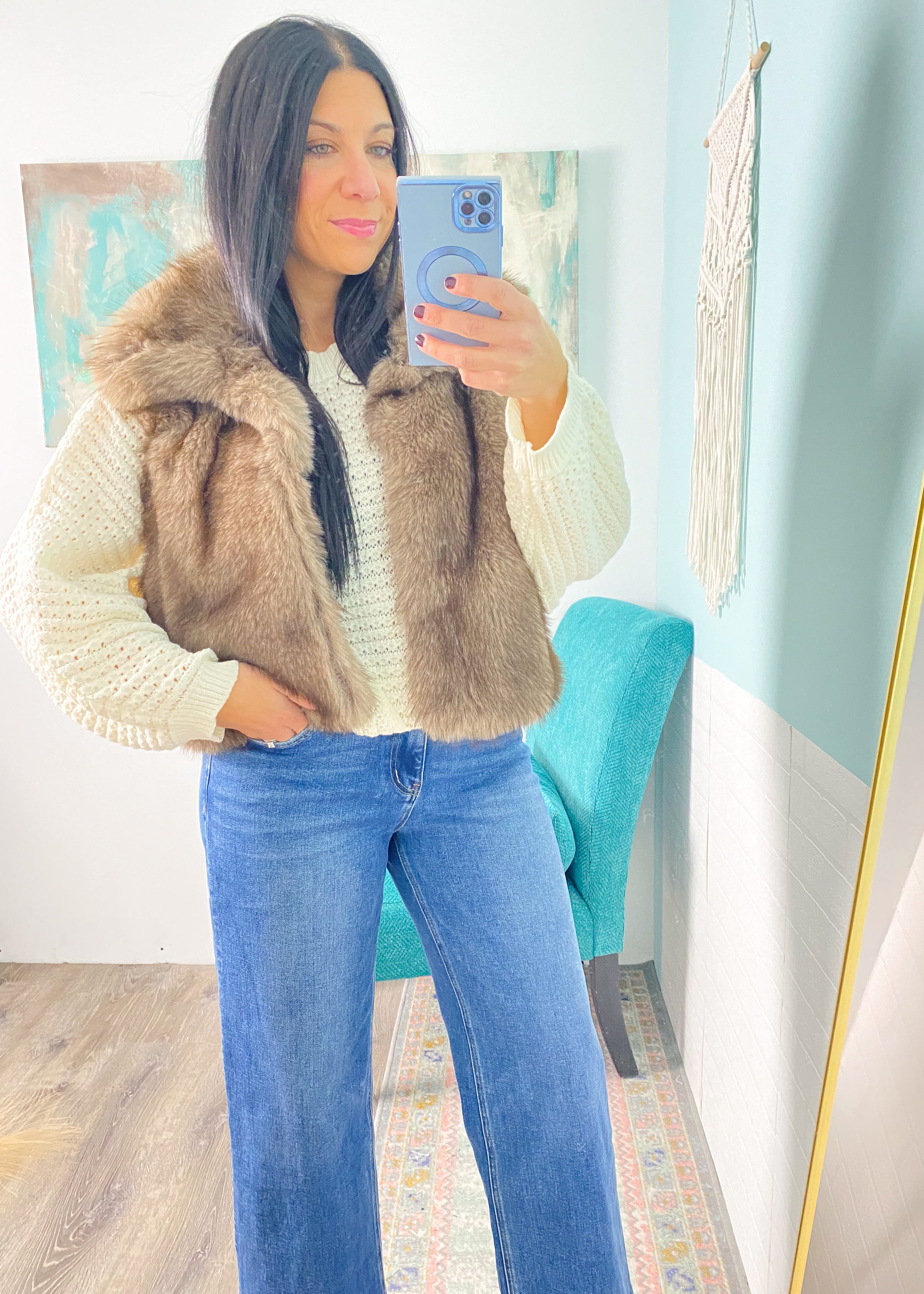 'Champagne Dreams' Cocoa + Black Faux Fur Vest