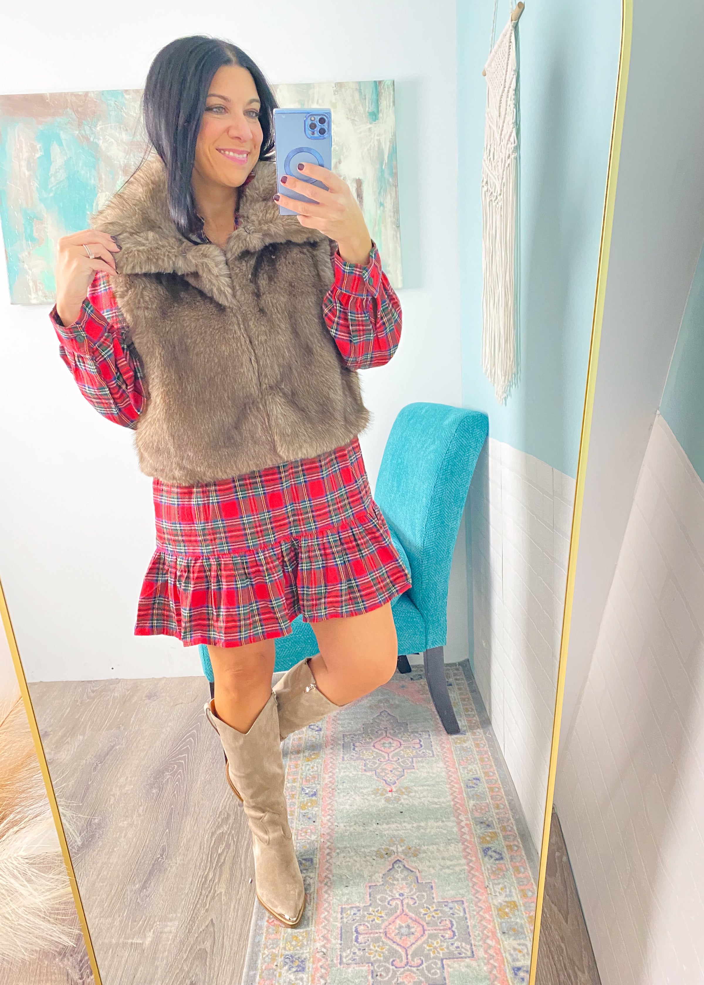 'Champagne Dreams' Cocoa + Black Faux Fur Vest