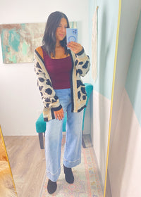 'The Wild Child' Leopard with Varsity Stripe Sweater Cardigan