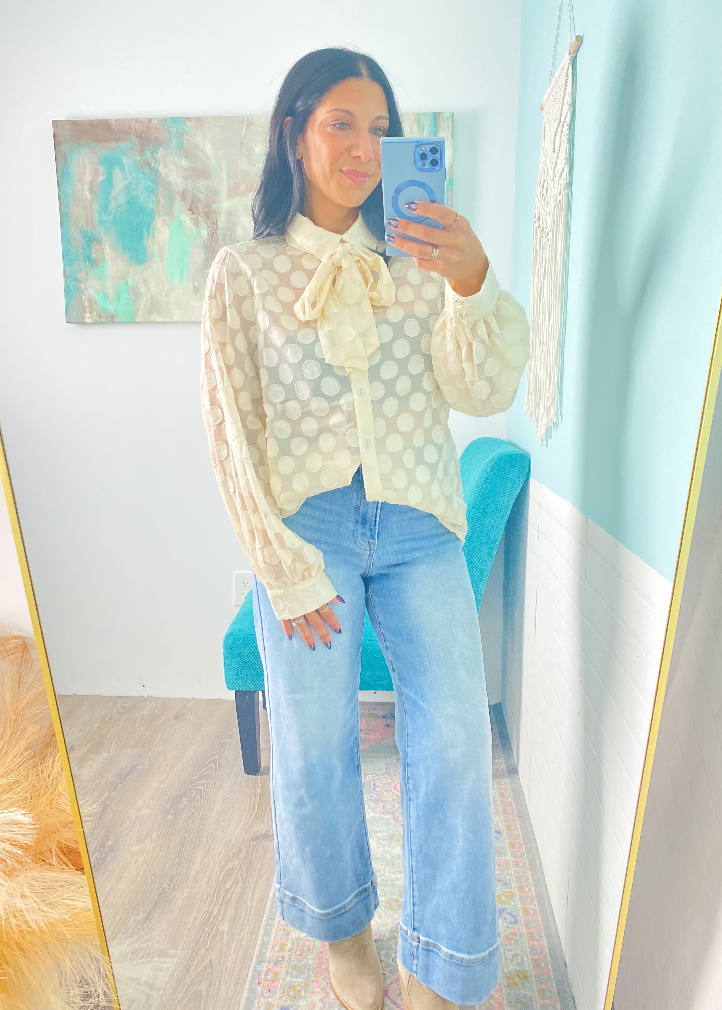'Dottie' Cream Tonal Polka Top Tie Front Blouse
