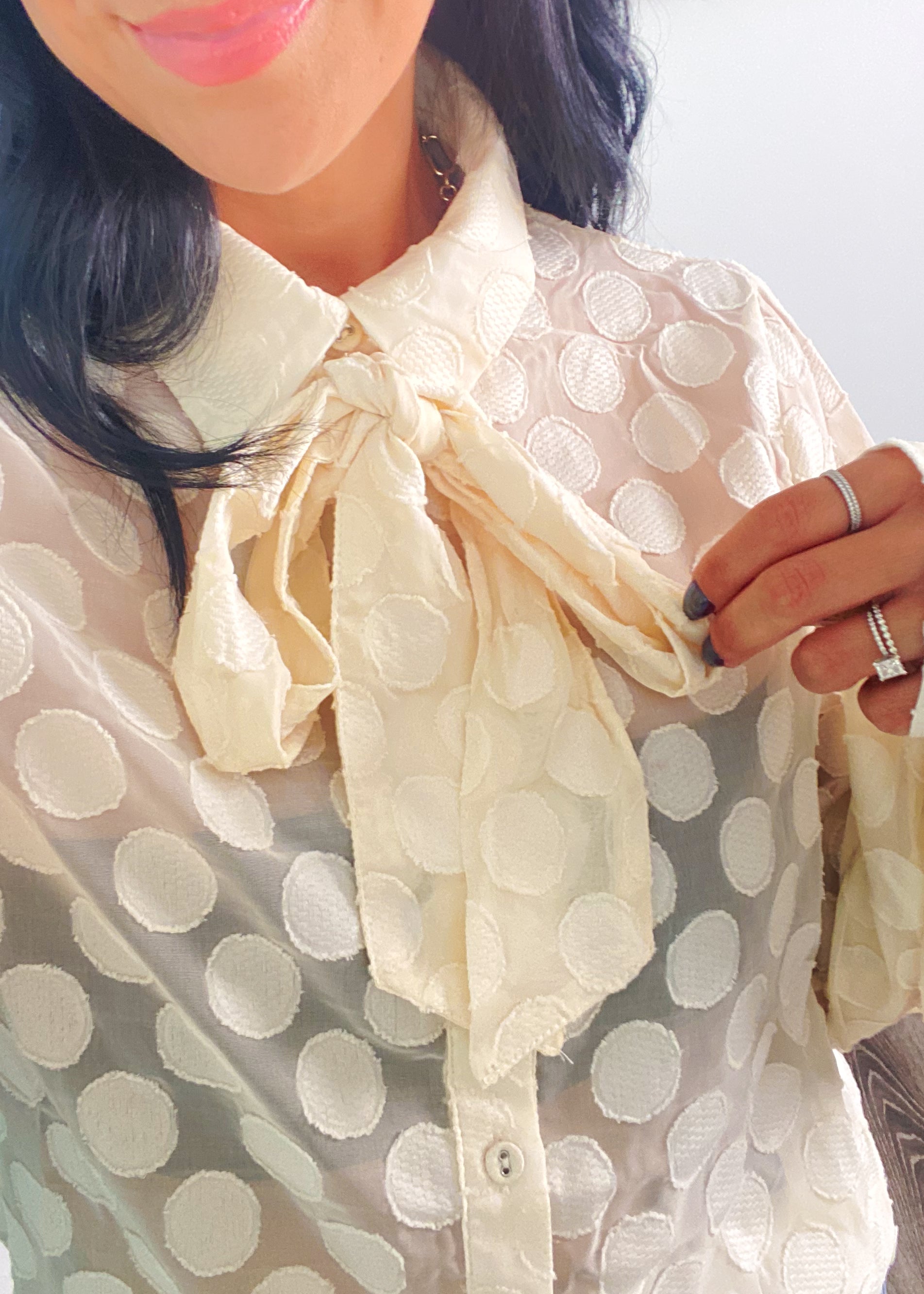'Dottie' Cream Tonal Polka Top Tie Front Blouse