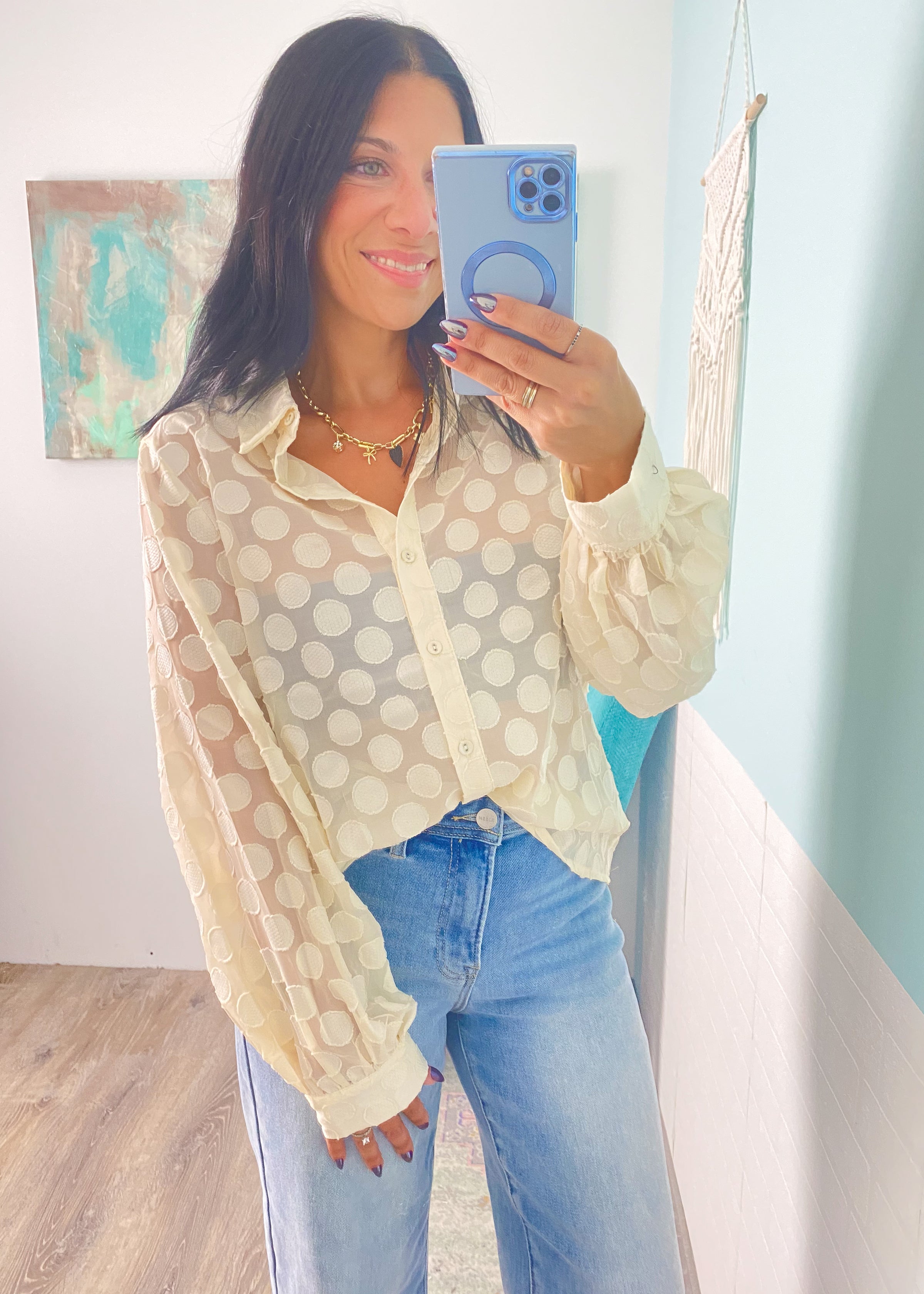 'Dottie' Cream Tonal Polka Top Tie Front Blouse
