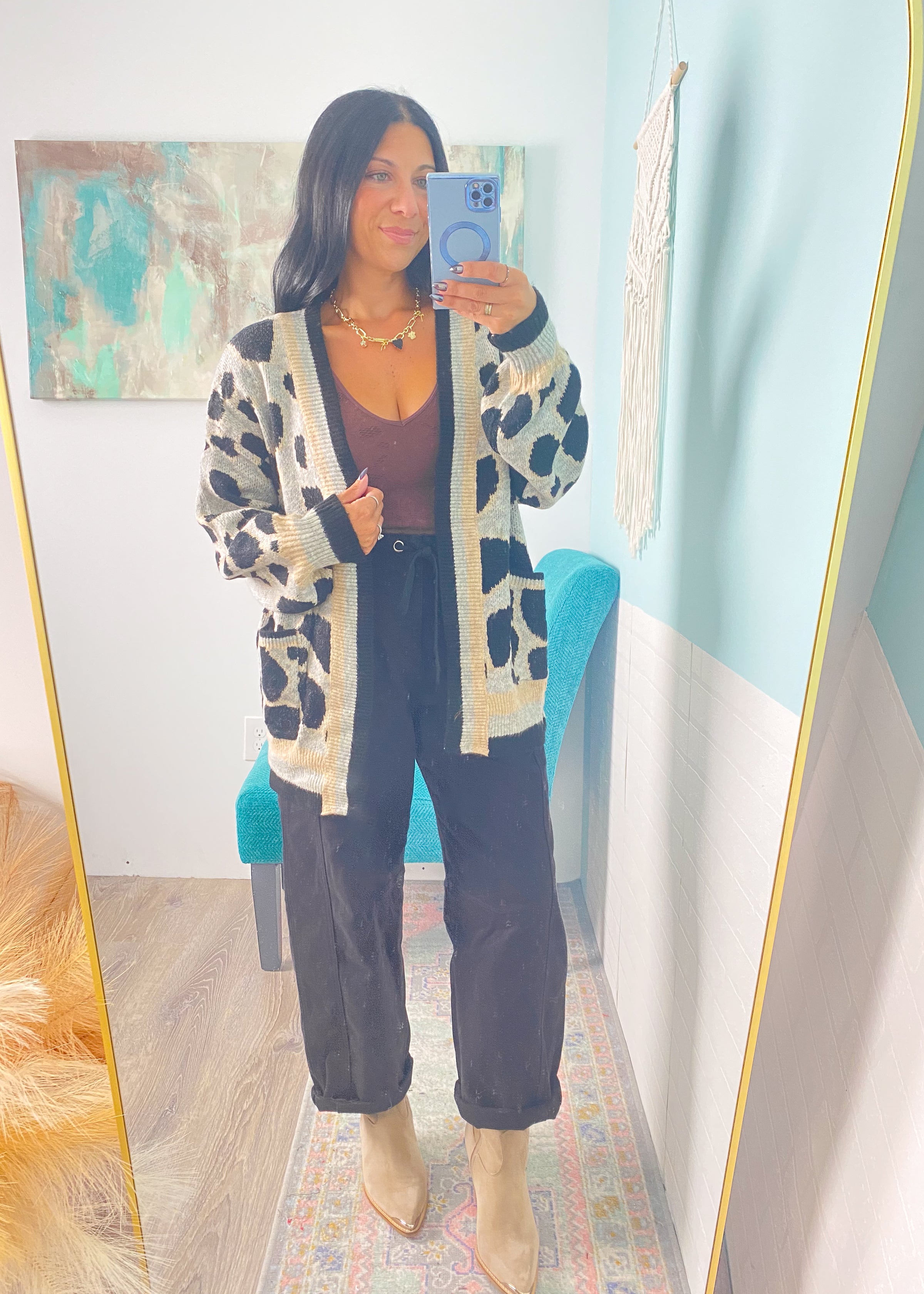 'The Wild Child' Leopard with Varsity Stripe Sweater Cardigan