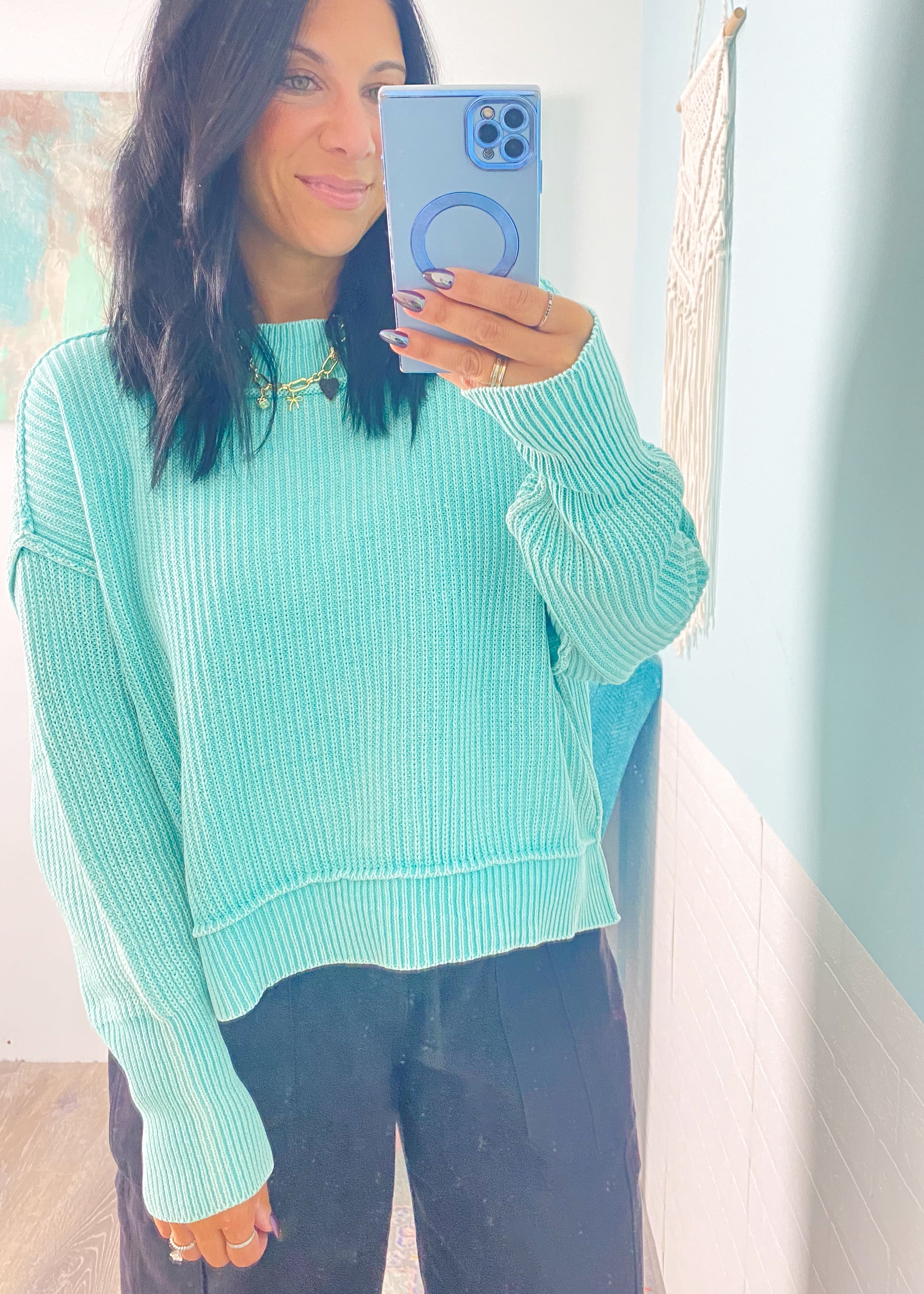 'Ocean Mist' Mint Ribbed Oversized Semi Crop Sweatshirt