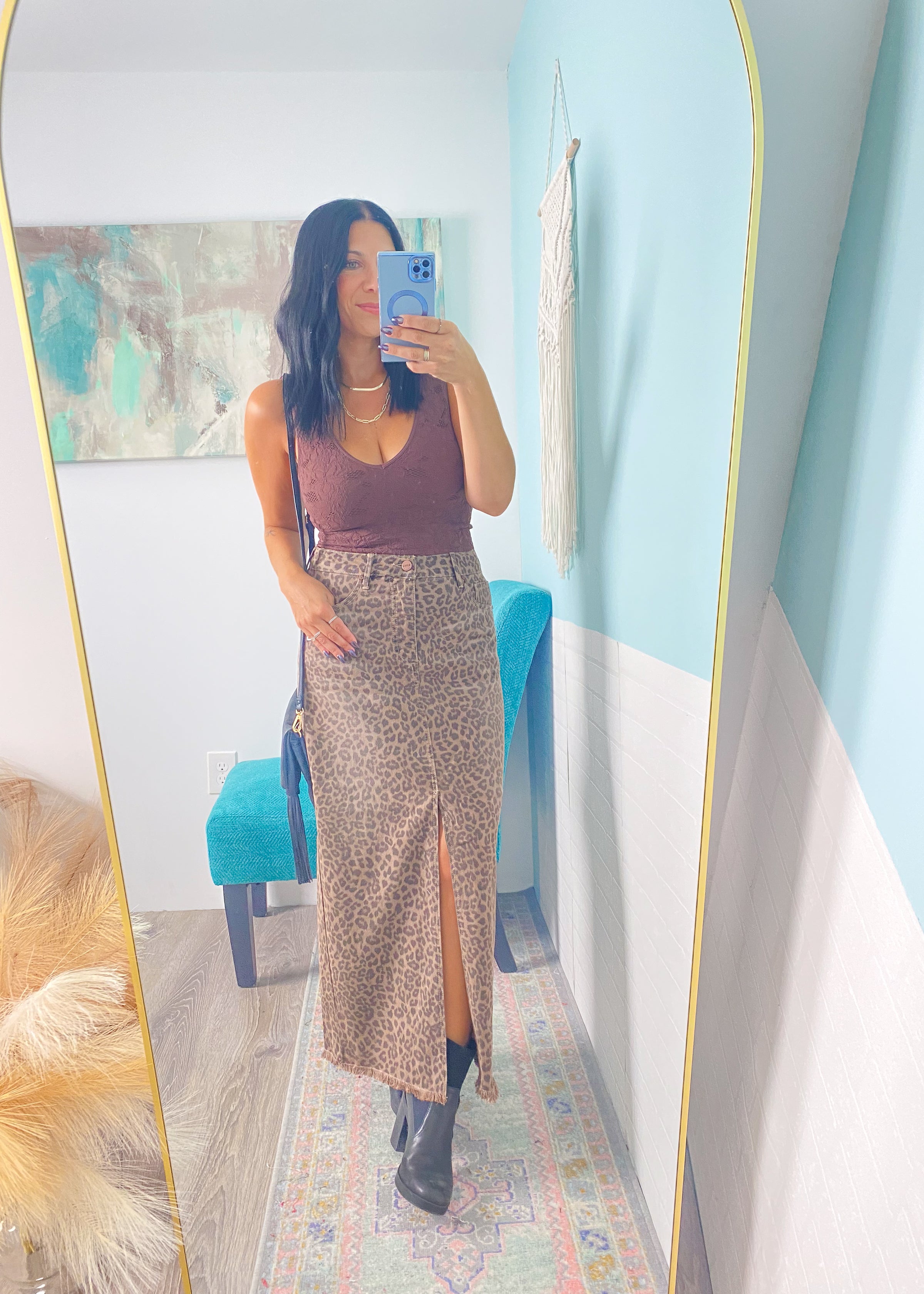 'Untamed' Risen Leopard Denim Maxi Skirt
