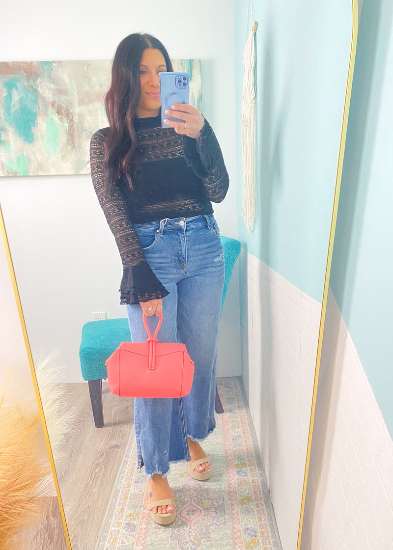 'Miranda' Black Stretchy Lace Bell Sleeve-This black lace top is giving all the sass with the layered bell sleeves. It features a super stretchy and soft lace fabric, a low mock neck and a multi layered bell sleeve.-Cali Moon Boutique, Plainville Connecticut