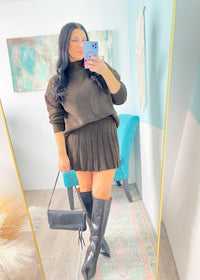 'Mocha Luxe' Dark Brown Sweater + Pleated Skirt Set