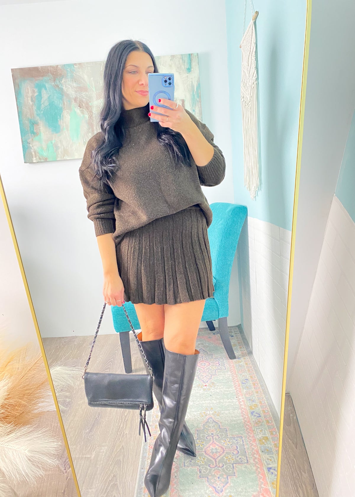 'Mocha Luxe' Dark Brown Sweater + Pleated Skirt Set