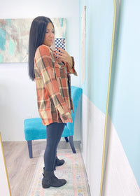 'The Pumpkin Patch' Oversized Rust & Cream Plaid Flannel Shacket-This shacket comes in the the most perfect combination of fall colors! A brushed flannel fabric that can be worn as a cozy shirt or lightweight jacket.-Cali Moon Boutique, Plainville Connecticut