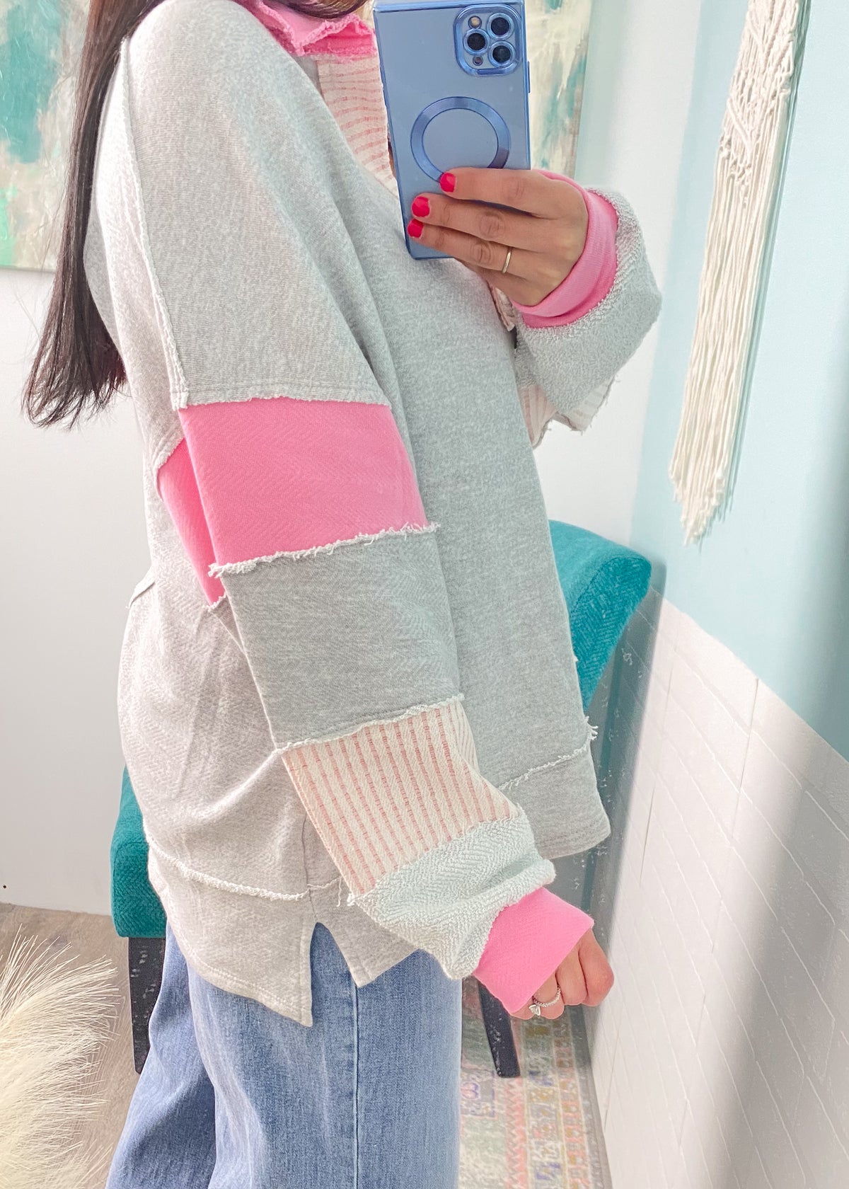 'Bubblegum Skies' Heather Gray & Pink French Terry Sweatshirt with Collar
