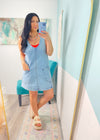 'Americana' Light Wash Denim Overall Dress-This overall jean dress is the most perfect addition to your denim obsession! A year 'round piece that features adjustable straps, front pockets and scoop back making it great for all types of layering tops.-Cali Moon Boutique, Plainville Connecticut
