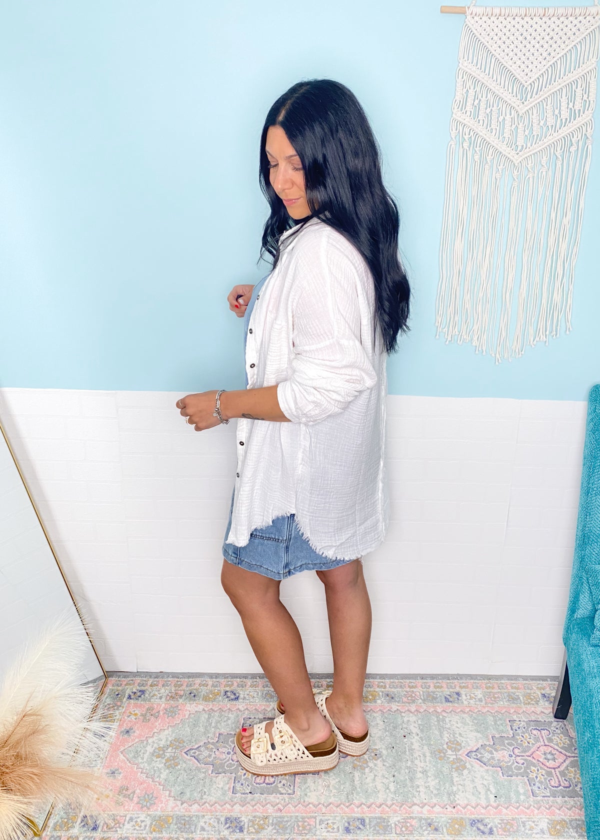 'Liberty' White Double Gauze Frayed Hem Shirt-This gauze button down shirt is a Spring + Summer essential for every closet, every year! Featuring a double gauze fabric, frayed hems giving it extra detail and functional buttons. Work & beach friendly!-Cali Moon Boutique, Plainville Connecticut