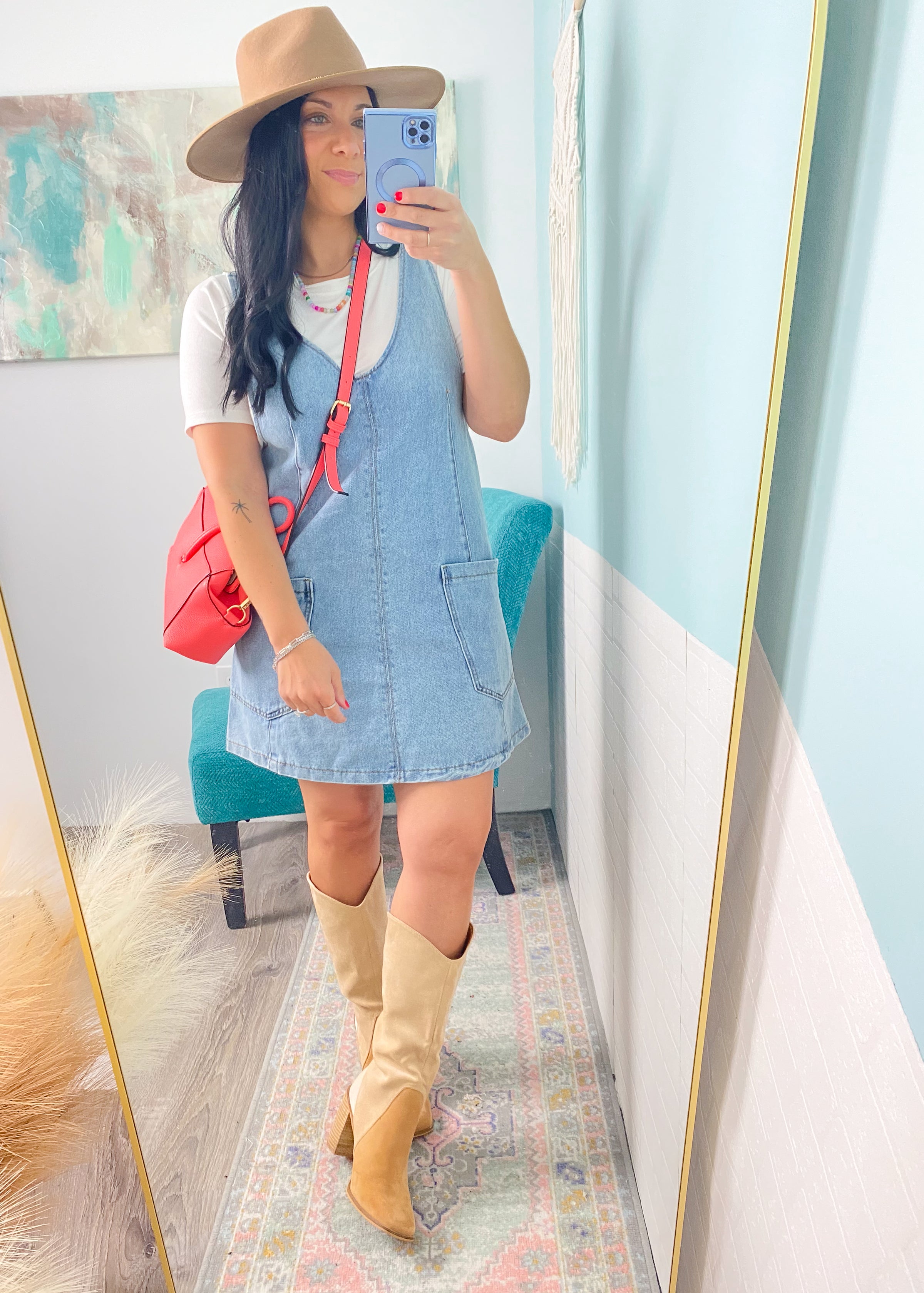 'Americana' Light Wash Denim Overall Dress-This overall jean dress is the most perfect addition to your denim obsession! A year 'round piece that features adjustable straps, front pockets and scoop back making it great for all types of layering tops.-Cali Moon Boutique, Plainville Connecticut