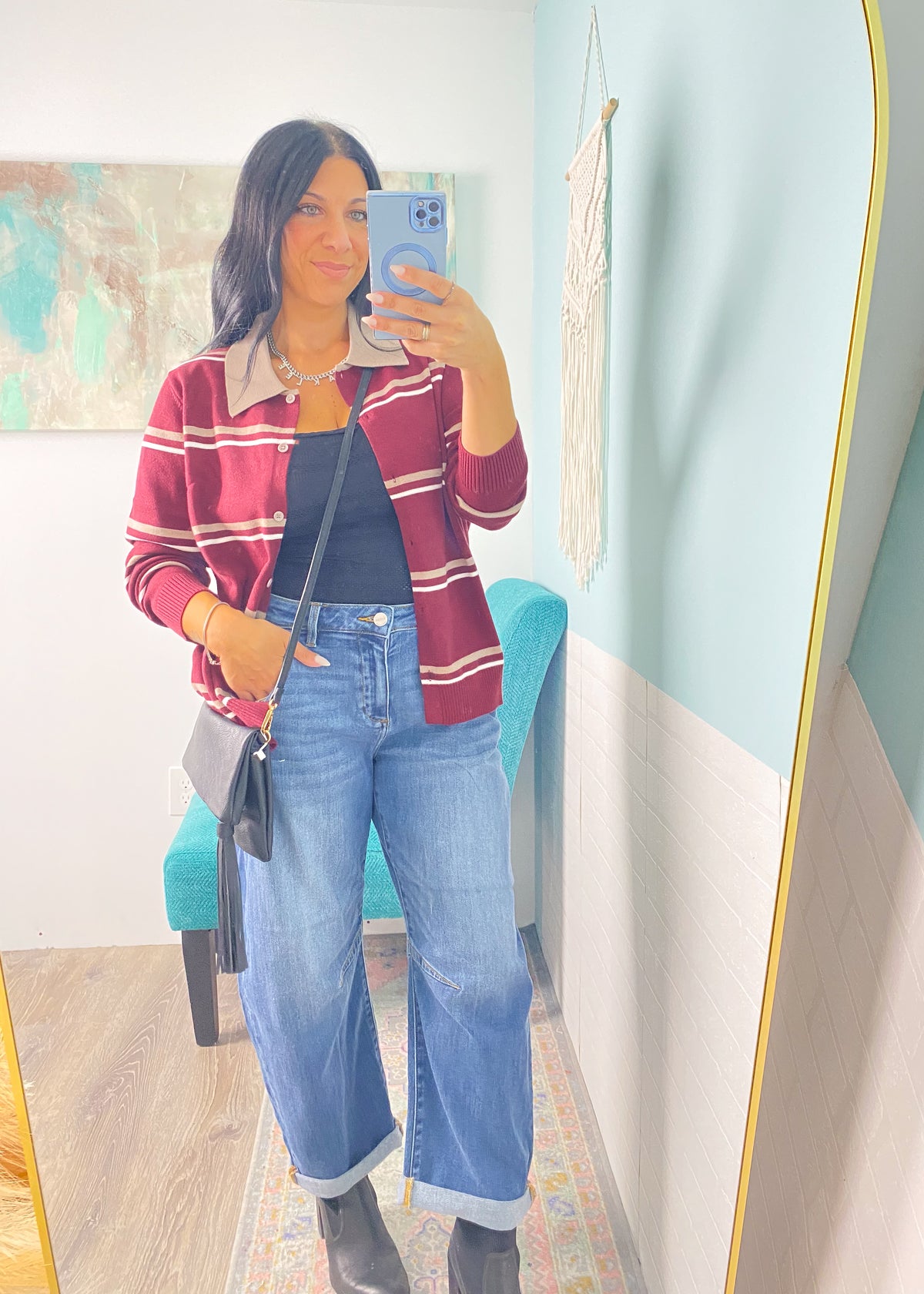 'Sideline Cutie' Burgundy + Taupe Stripe Polo Cardigan