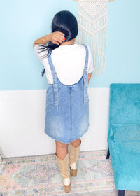 'Americana' Light Wash Denim Overall Dress-This overall jean dress is the most perfect addition to your denim obsession! A year 'round piece that features adjustable straps, front pockets and scoop back making it great for all types of layering tops.-Cali Moon Boutique, Plainville Connecticut