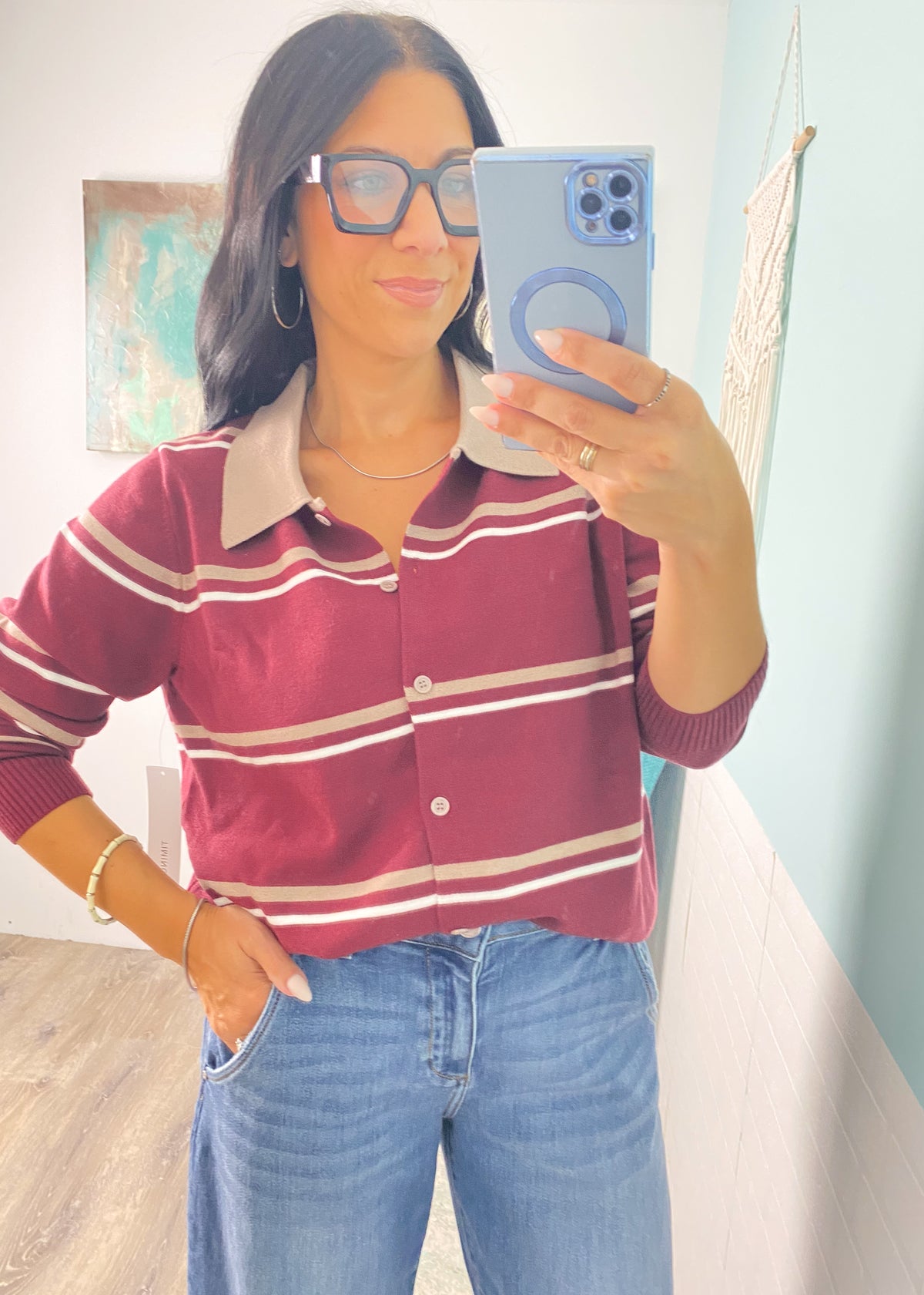 'Sideline Cutie' Burgundy + Taupe Stripe Polo Cardigan