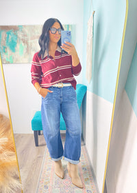 'Sideline Cutie' Burgundy + Taupe Stripe Polo Cardigan