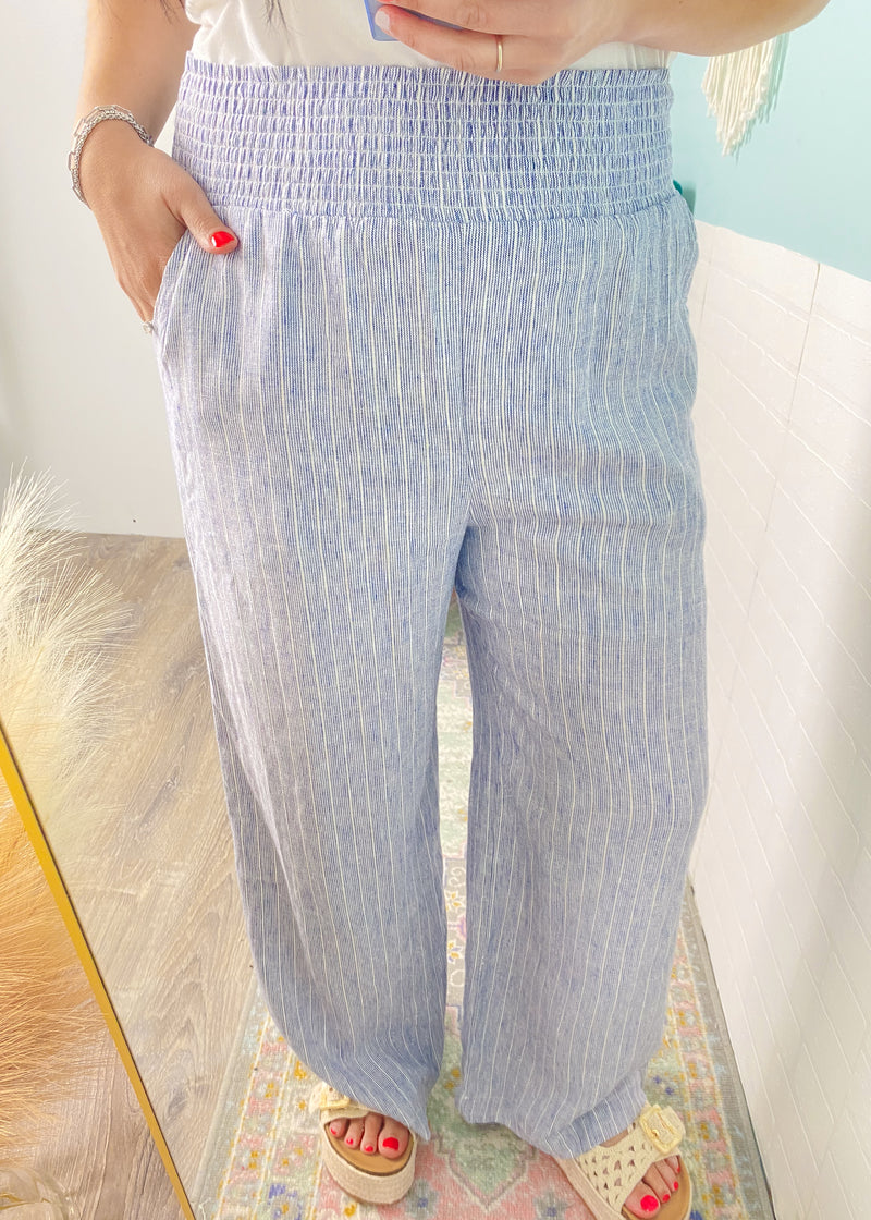 'Freedom' Blue/White Striped Cropped Wide Leg Linen Blend Pants-These blue + white stripe linen blend pants are giving all the coastal vibes! Featuring a wide, cropped leg, lightweight breathable fabric and a comfy smocked waistband.-Cali Moon Boutique, Plainville Connecticut