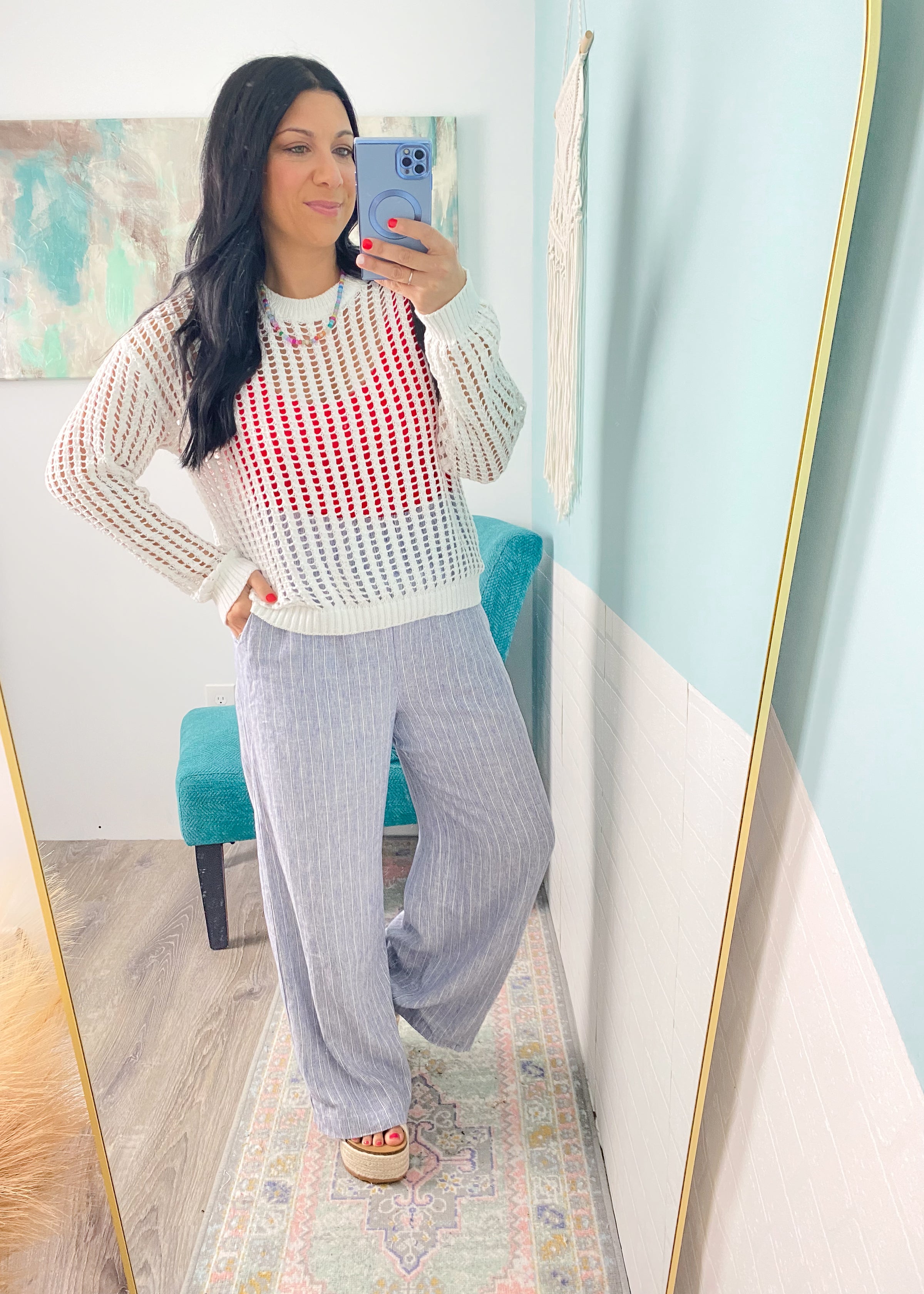 'Freedom' Blue/White Striped Cropped Wide Leg Linen Blend Pants-These blue + white stripe linen blend pants are giving all the coastal vibes! Featuring a wide, cropped leg, lightweight breathable fabric and a comfy smocked waistband.-Cali Moon Boutique, Plainville Connecticut