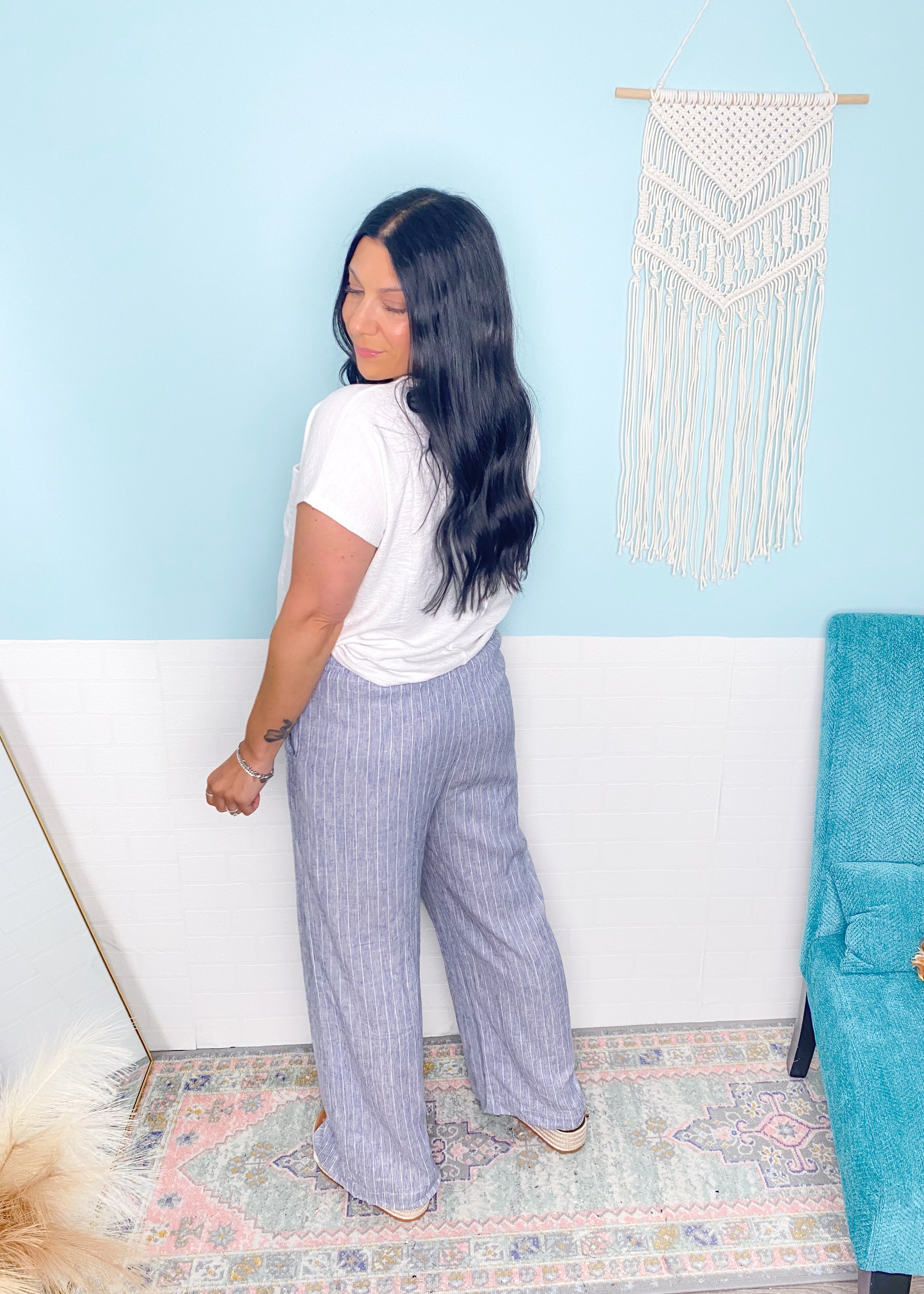'Freedom' Blue/White Striped Cropped Wide Leg Linen Blend Pants-These blue + white stripe linen blend pants are giving all the coastal vibes! Featuring a wide, cropped leg, lightweight breathable fabric and a comfy smocked waistband.-Cali Moon Boutique, Plainville Connecticut