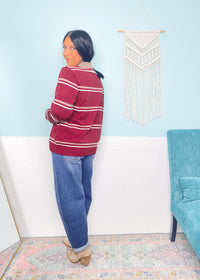 'Sideline Cutie' Burgundy + Taupe Stripe Polo Cardigan